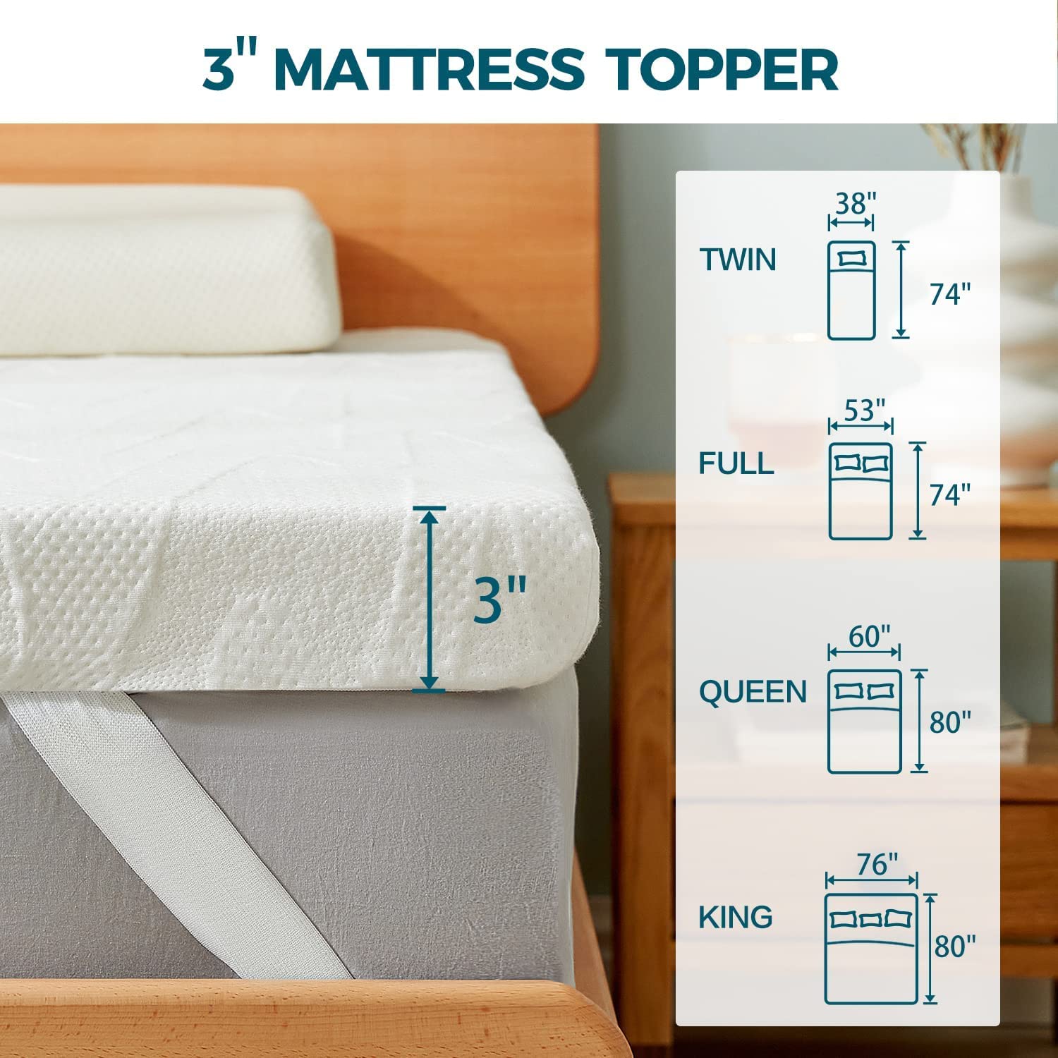 LINSY HOME 3 Inch Memory Foam Mattress Topper Queen Size - CertiPUR-US Certified Cooling Mattress Pad with Removable Cover - Perfect for Back Pain Relief & Pressure Relief - Ideal for Guest Beds, Dorm Rooms & Home Use
