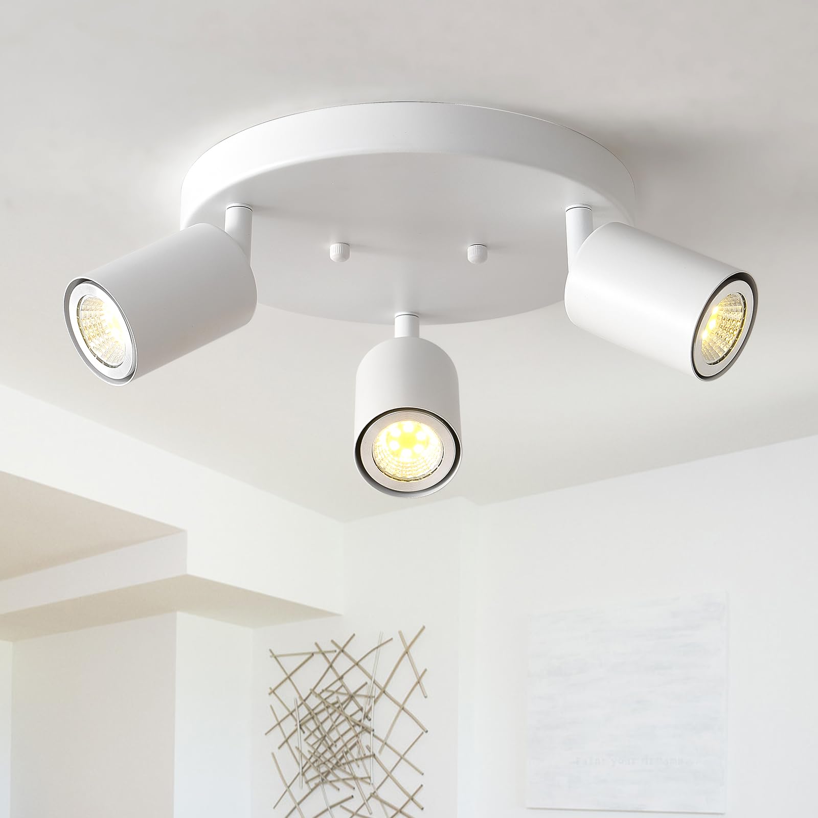 EGM Adjustable 3-Light Ceiling Spotlight - White Round Track Lighting Fixtures with GU10 Base, Flush Mount Directional Ceiling Light for Kitchen, Bedroom, Office & Picture Wall - Perfect for Task Lighting & Accent Illumination (White, 3-Light)