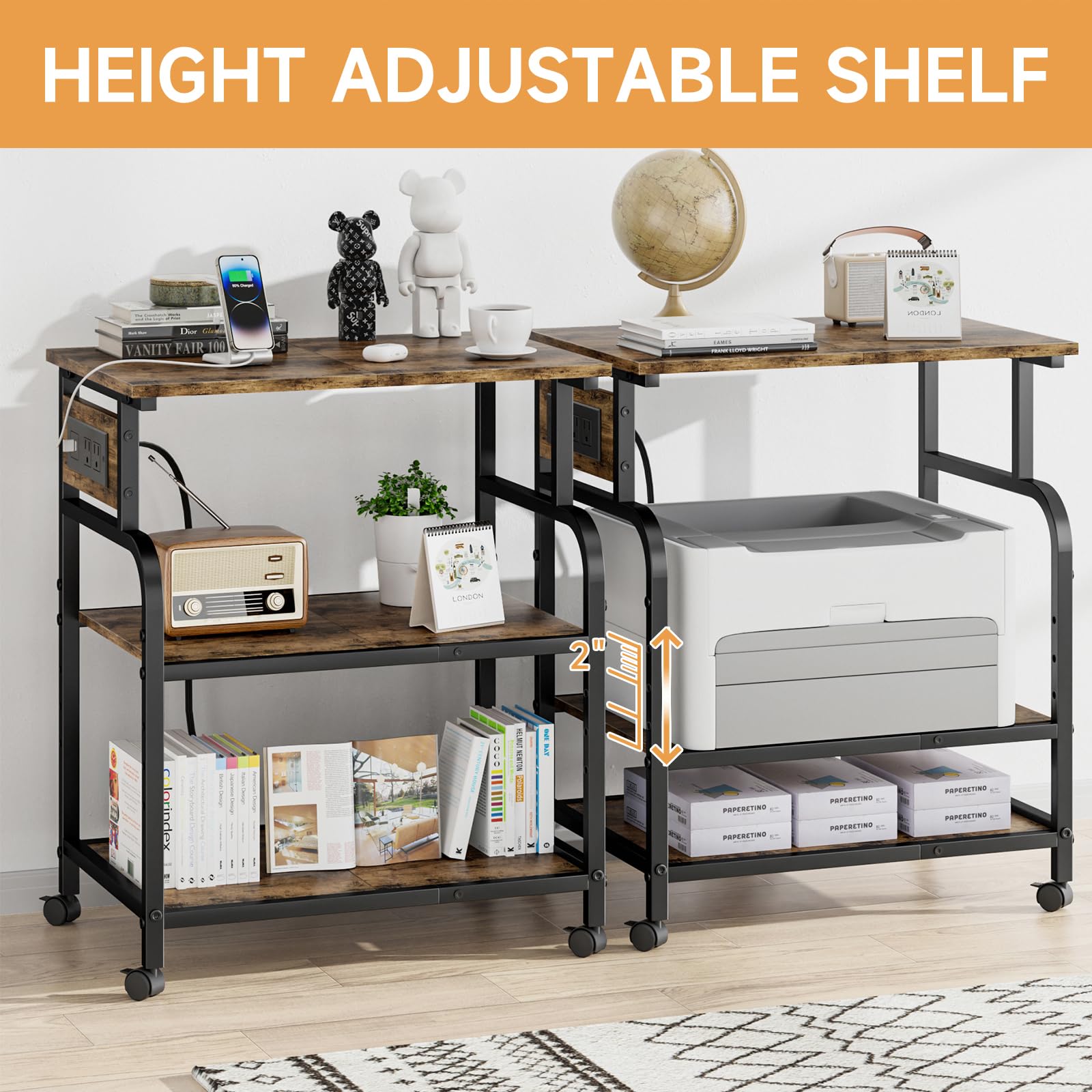 3 Tier Large Printer Stand with Power Outlet & USB Port - Adjustable Rolling Cart for 3D Printer, Heat Press, Laser Printer - Rustic Brown Storage Shelf - Perfect for Home Office, Workshop & Craft Room Organization