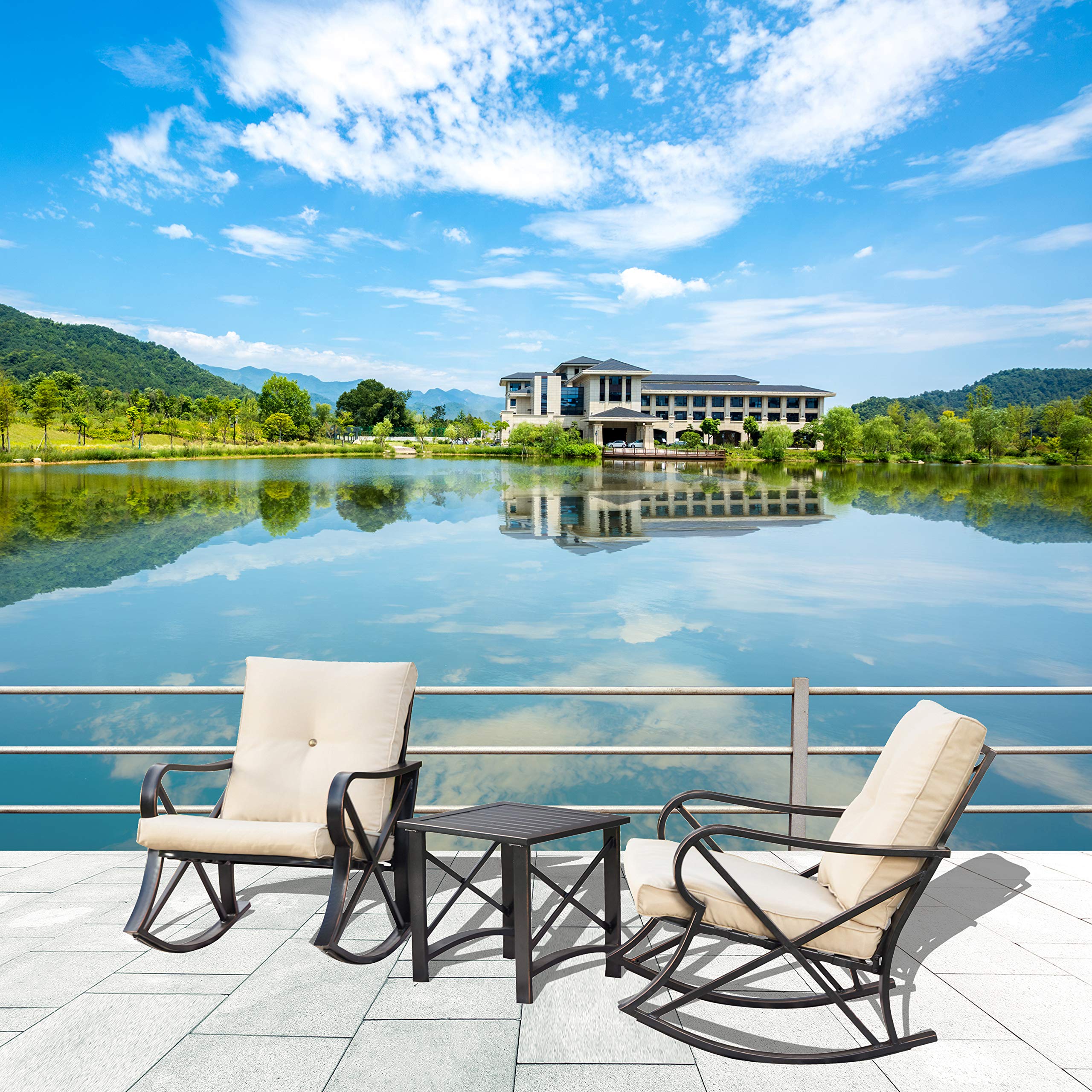 LOKATSE HOME 3-Piece Patio Outdoor Rocking Chair Bistro Set with Coffee Table - Khaki Wicker Furniture for Garden, Porch, Backyard & Poolside Relaxation
