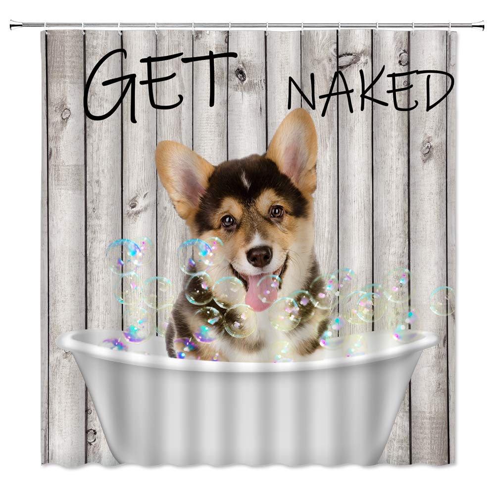 Funny Corgi Shower Curtain with Vintage Wooden Board - Cute Dog in Bathtub Bubbles Design for Pet Lovers - Waterproof Fabric Bathroom Decor with Hooks - Perfect for Bathroom, Kids Room & Pet-Themed Home Decor
