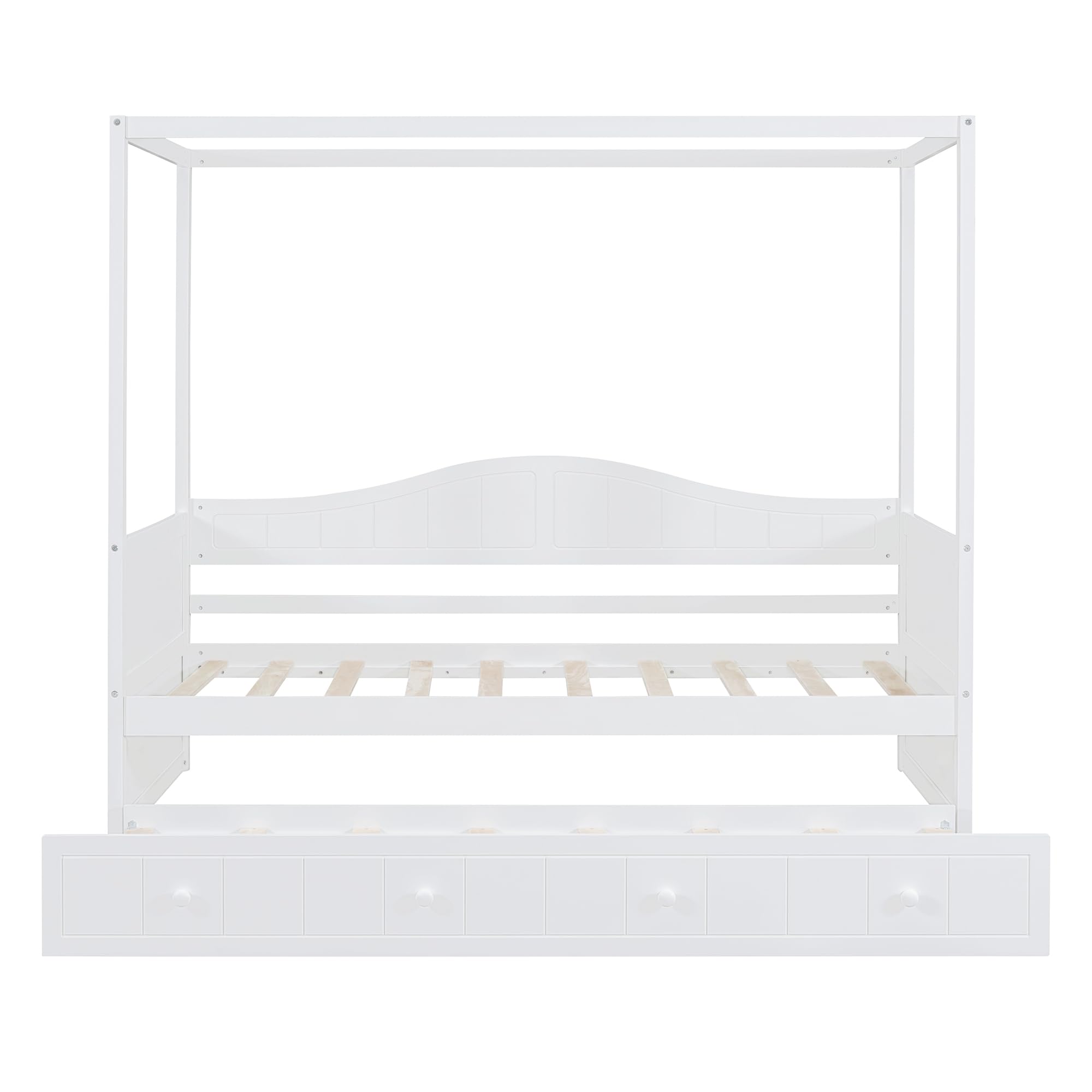 Harper & Bright Designs White Wooden Twin Canopy Bed with Trundle - Daybed & Sofa Bed Frame for Kids, Teens & Adults - No Box Spring Needed - Perfect for Guest Rooms, Dormitories & Small Spaces