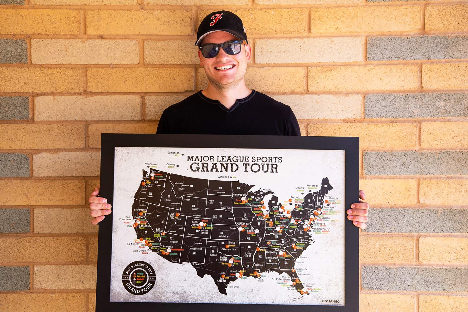 Grand Tour Sports Map - Professional MLB, NFL, NHL & NBA Stadium Locations | Framed Wall Decor with Push Pins | Perfect for Sports Fans, Man Cave & Game Room Decor