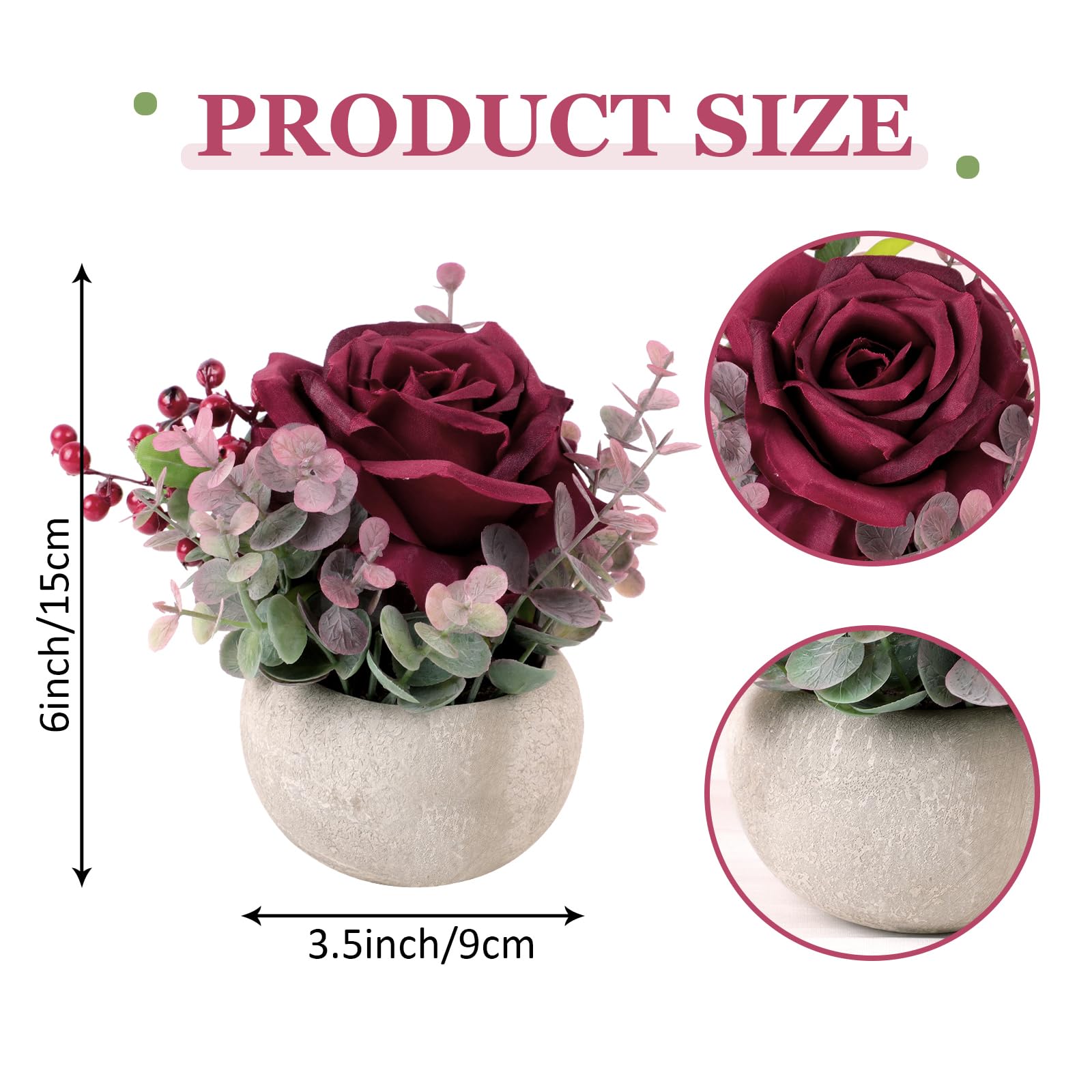 Burgundy Rose Artificial Flowers in Pot - Small Faux Potted Plants for Desk, Home Office, Shelves & Living Room Decor | Perfect for Centerpieces, Wedding Decor & Housewarming Gifts