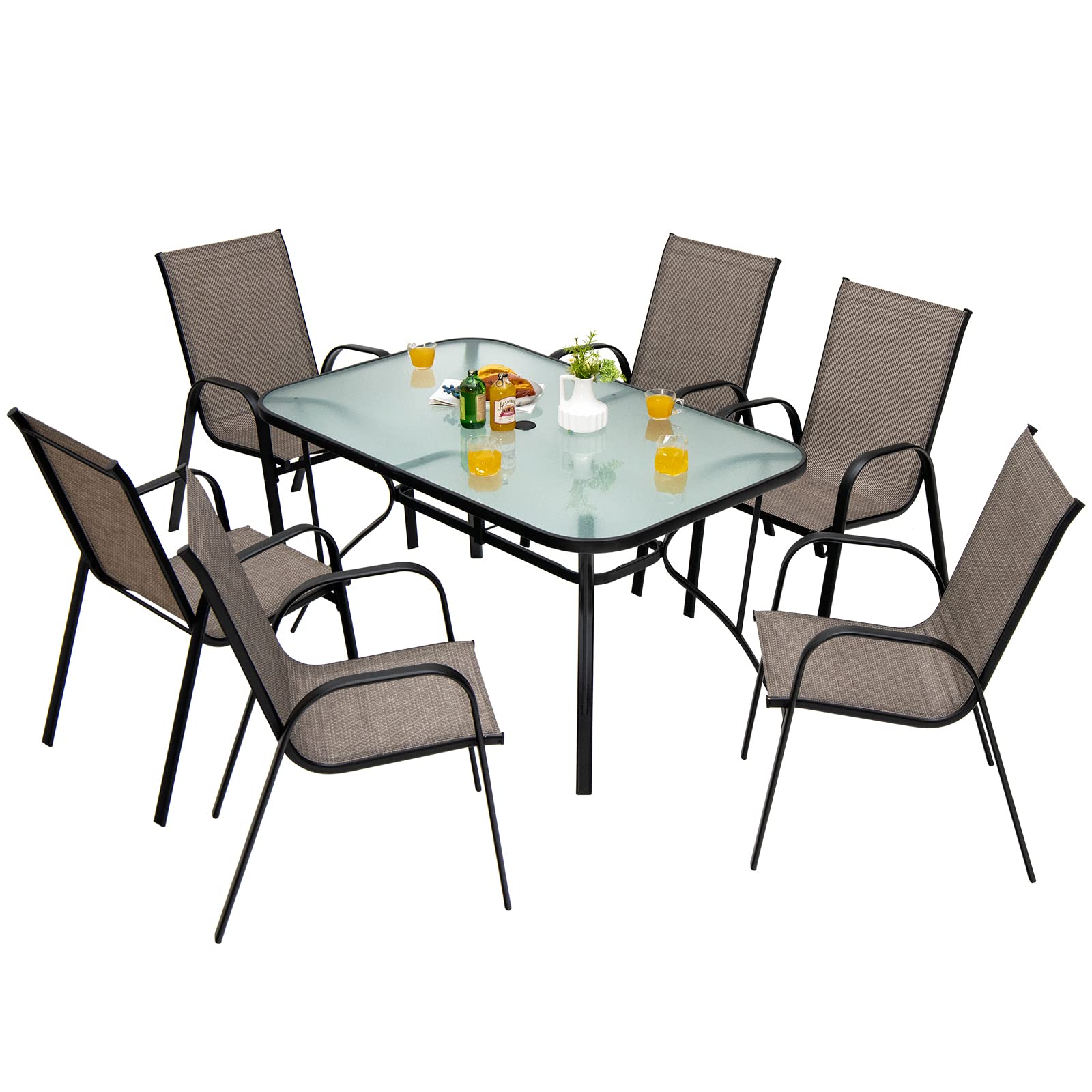 Tangkula 55-Inch Rectangle Patio Dining Table for 6 with Umbrella Hole - Tempered Glass Top & Steel Frame - Outdoor Dining Set for Backyard, Poolside, Balcony, Garden Parties & BBQ Gatherings