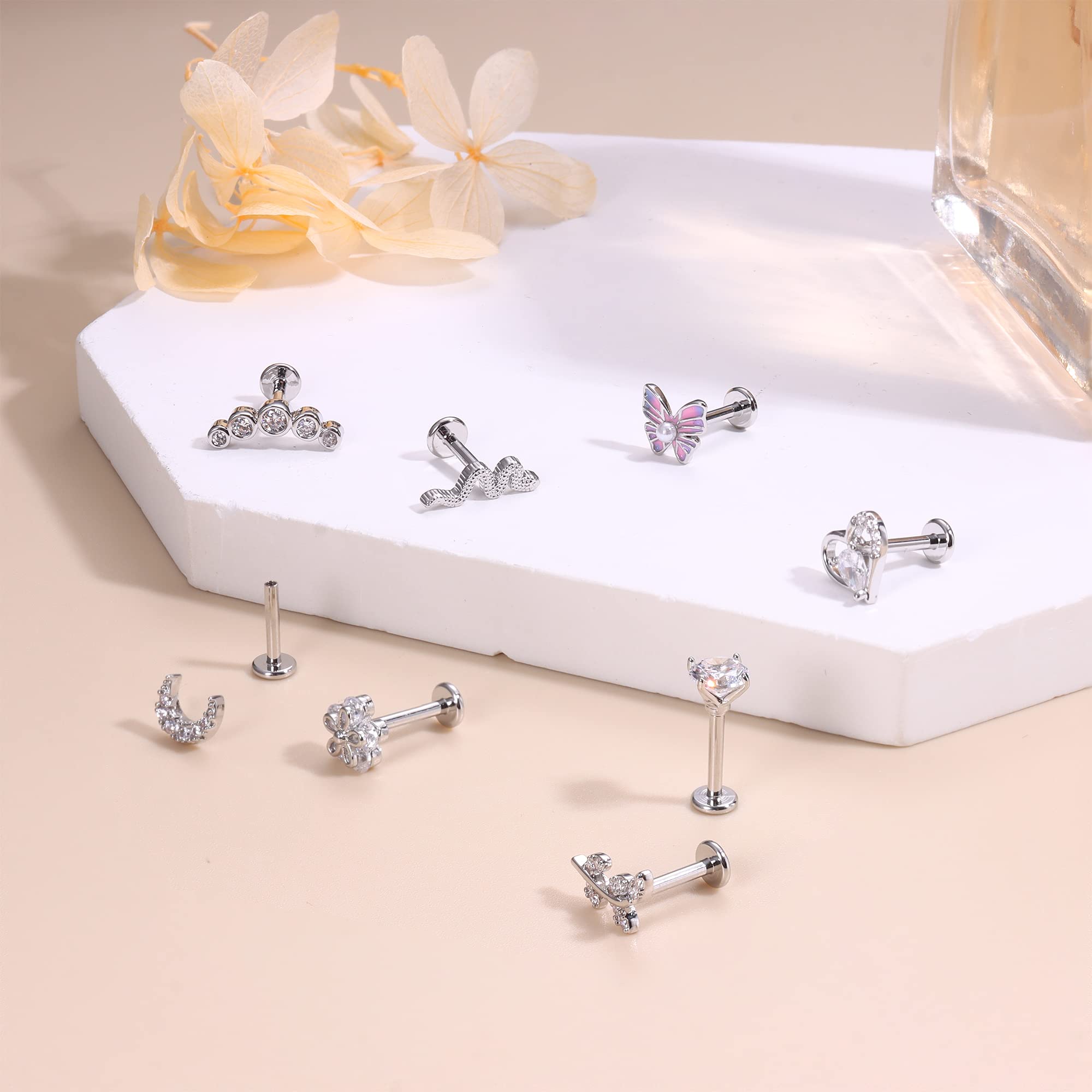CASSIECA 9 Pcs 16G Stainless Steel Helix Earrings for Women - Flower, Butterfly, Heart, Leaf & Snake Cartilage Piercing Jewelry with CZ Stones | Flat Back Earrings for Tragus, Helix & Ear Piercing | Perfect for Everyday Wear, Parties & Gifts