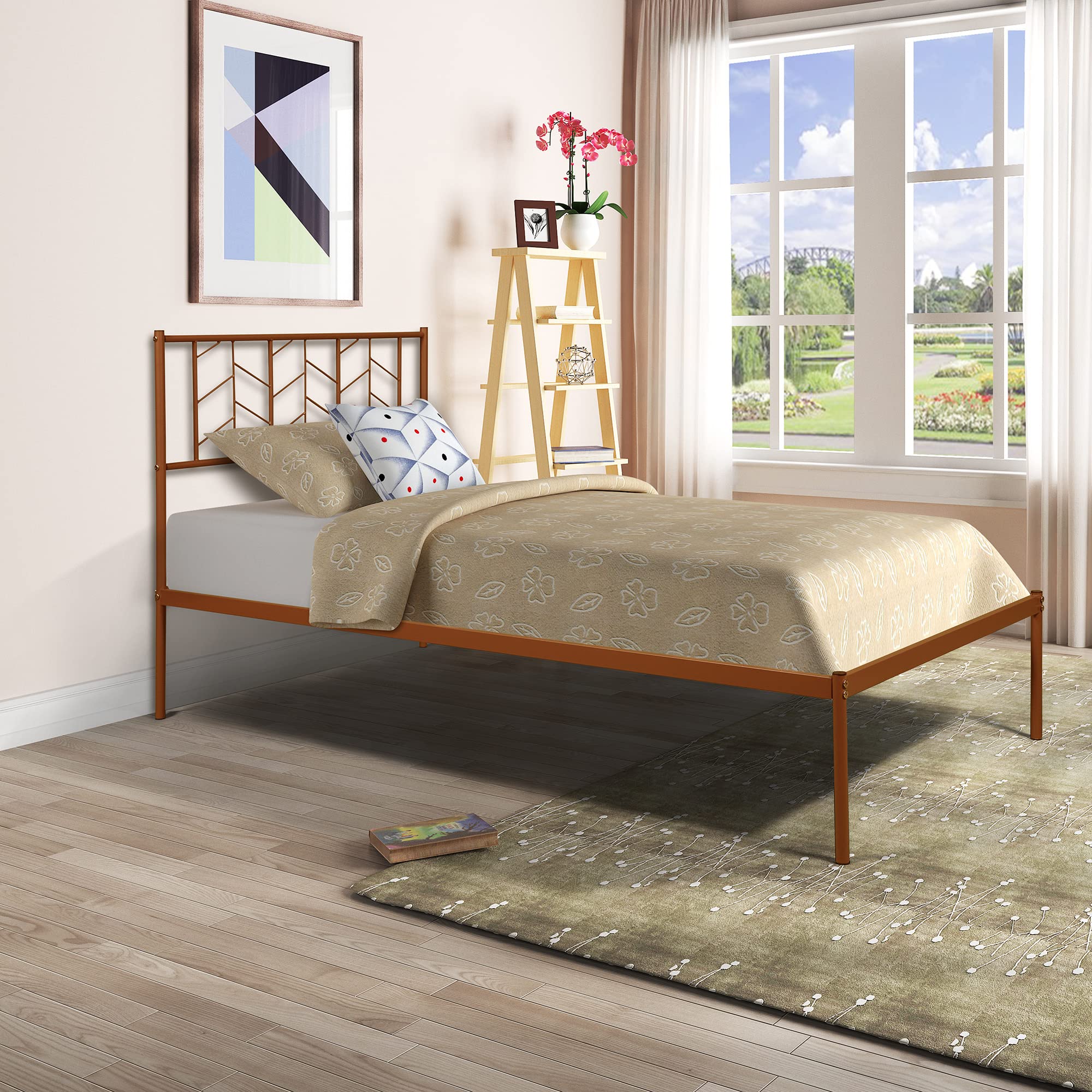 YILFANA Twin Bed Frame with Headboard - Sturdy Metal Platform Bed Frame, Vintage Bronze Finish, No Box Spring Needed - Perfect for Guest Rooms, Dormitories & Small Spaces