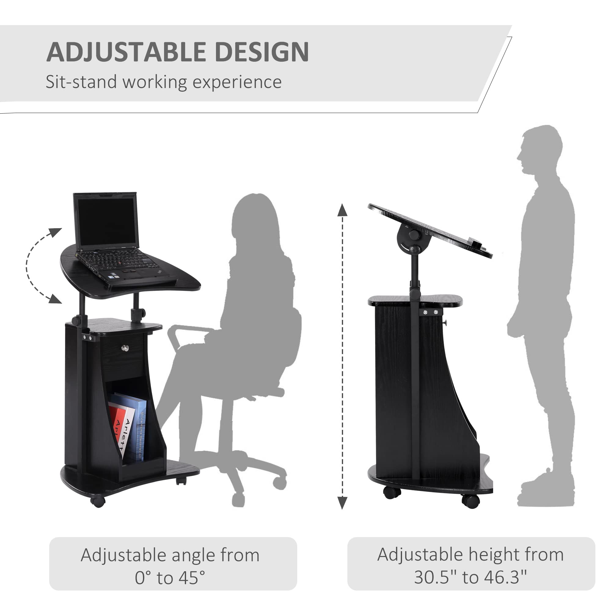 HOMCOM Adjustable Mobile Laptop Cart - Rolling Sit to Stand Computer Desk with Swivel Top, Storage Drawer & Wheels - Black | Perfect for Home Office, Classroom & Hospital Use