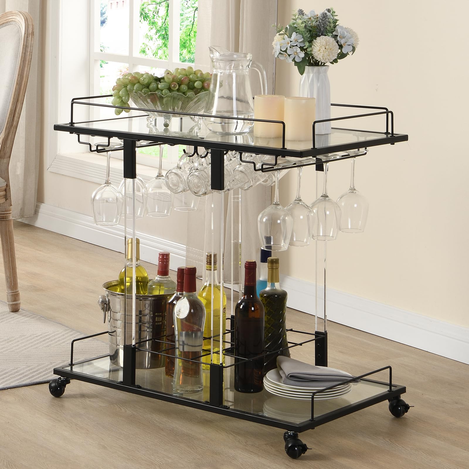 2-Tier Chrome Rolling Bar Cart with Wine Rack & Acrylic Shelves - Mobile Serving Cart for Wine, Liquor & Desserts - Perfect for Living Room, Kitchen, Home Bar & Party Entertaining