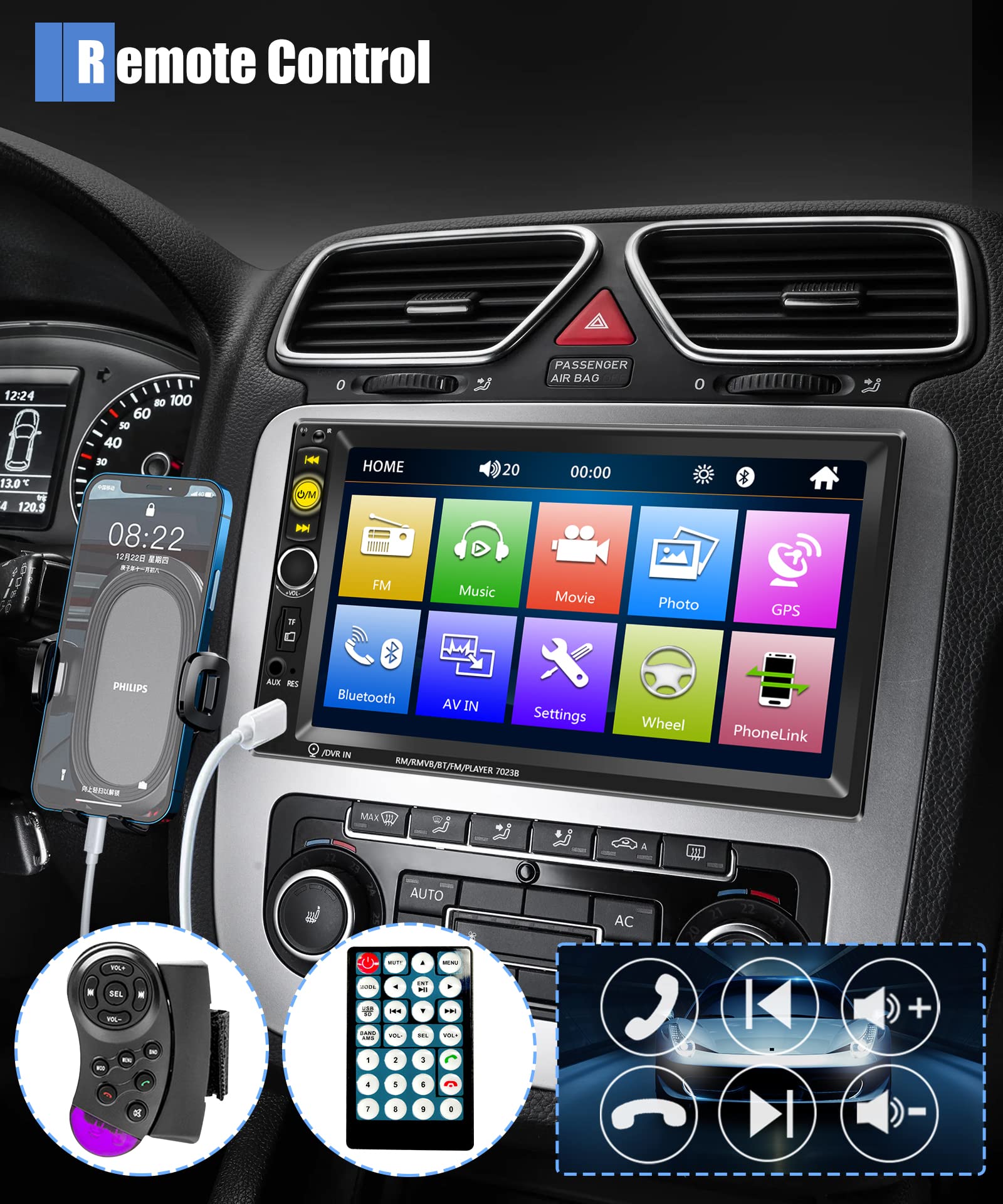 7 Inch Double Din Touch Screen Car Stereo with Bluetooth, FM Radio, Mirror Link, USB & Steering Wheel Control - Compatible with Backup Camera | Perfect for Upgrading Your Car Audio System & Hands-Free Calling