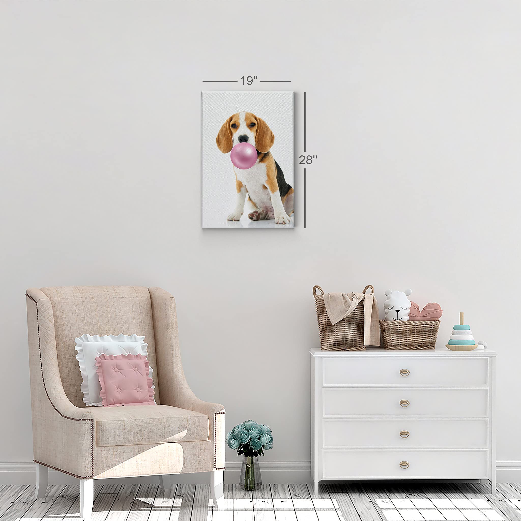Cute Beagle Dog Bubble Gum Pop Art Canvas Print - Pink Animal Wall Decor for Kids Room, Nursery & Home - 40x30 Inch Made in USA | Perfect for Birthday Gifts & Playroom Decoration