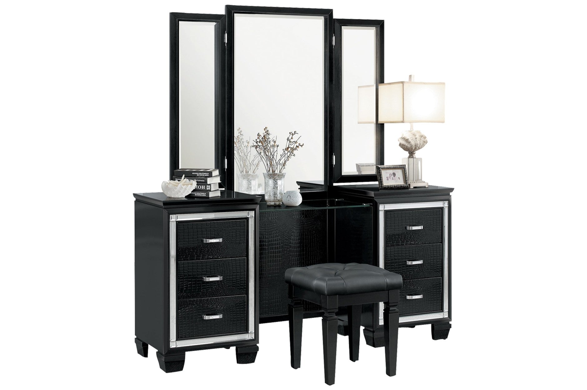 Allura Black Vanity Set with Mirror & Stool - Modern Dressing Table for Bedroom, Makeup Vanity Desk with LED Lights & Storage, Perfect for Women's Beauty Routine & Home Decor