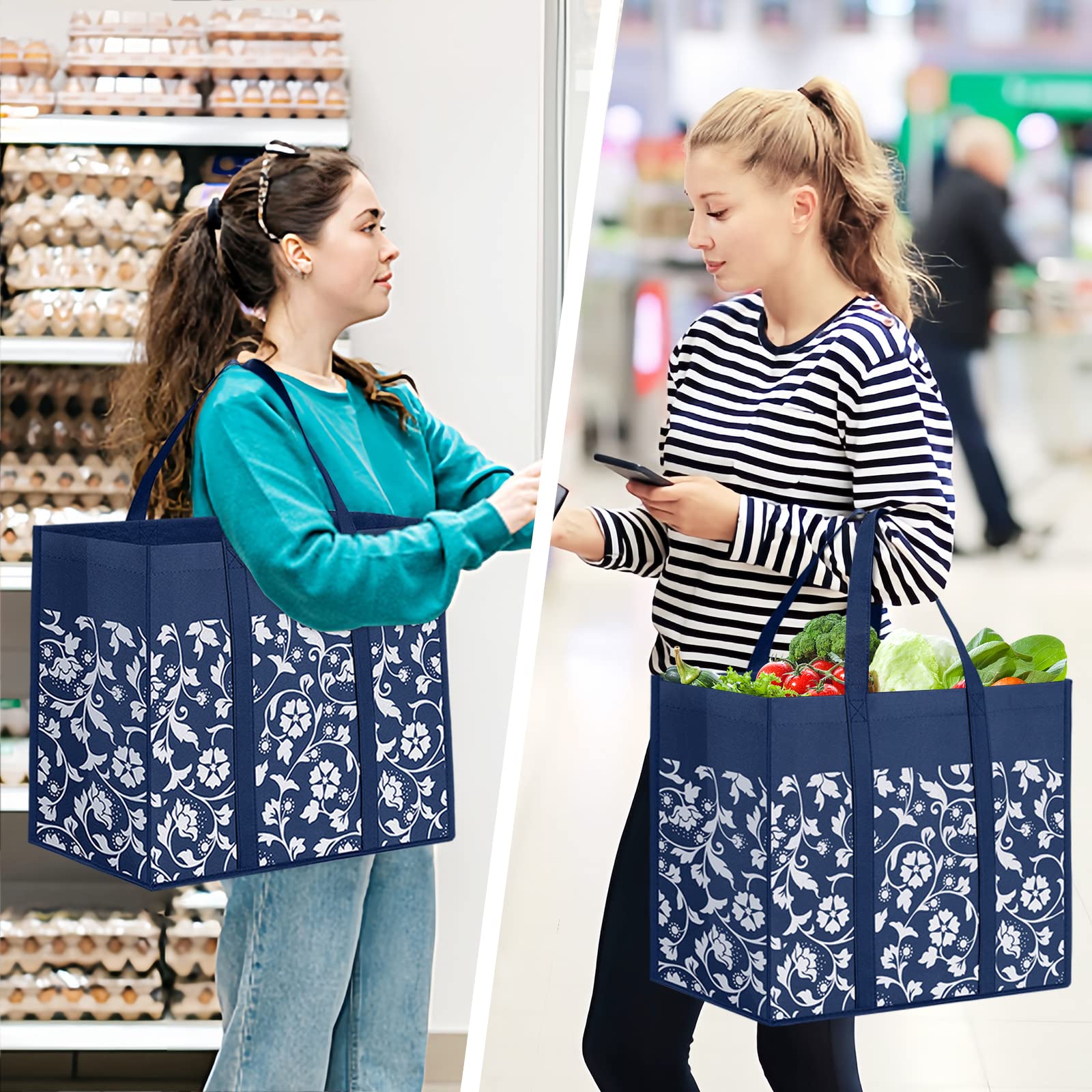 Eco-Friendly Reusable Grocery Bags - Heavy Duty Foldable Tote Bags with Reinforced Handles & Waterproof Coating (4-Pack, Blue) - Perfect for Shopping, Groceries, Picnics & Beach Trips