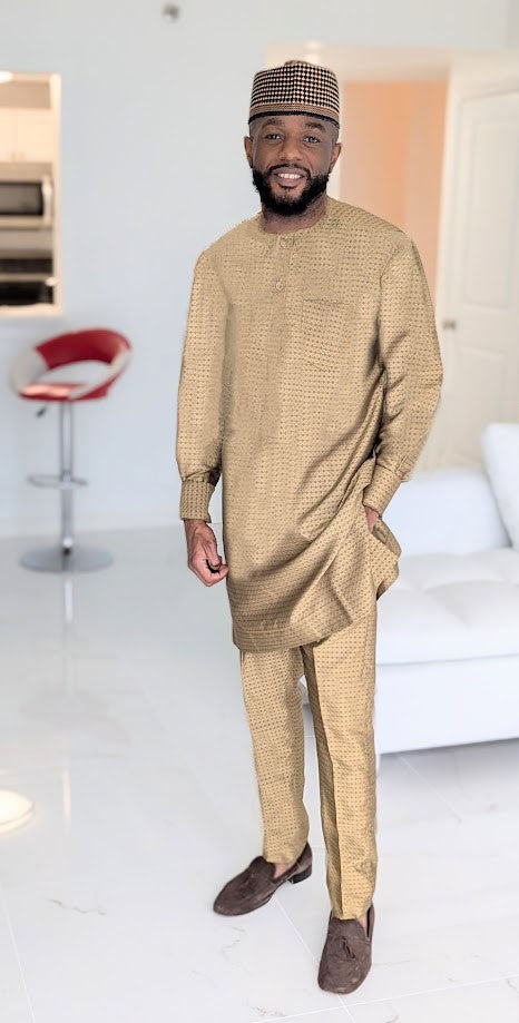 Dupsie's Jalingo Gold Dashiki Senator Ensemble Top and Pants Set DPASAG49 - African Print Outfit for Men, Traditional Nigerian Clothing, Party Wear & Cultural Events