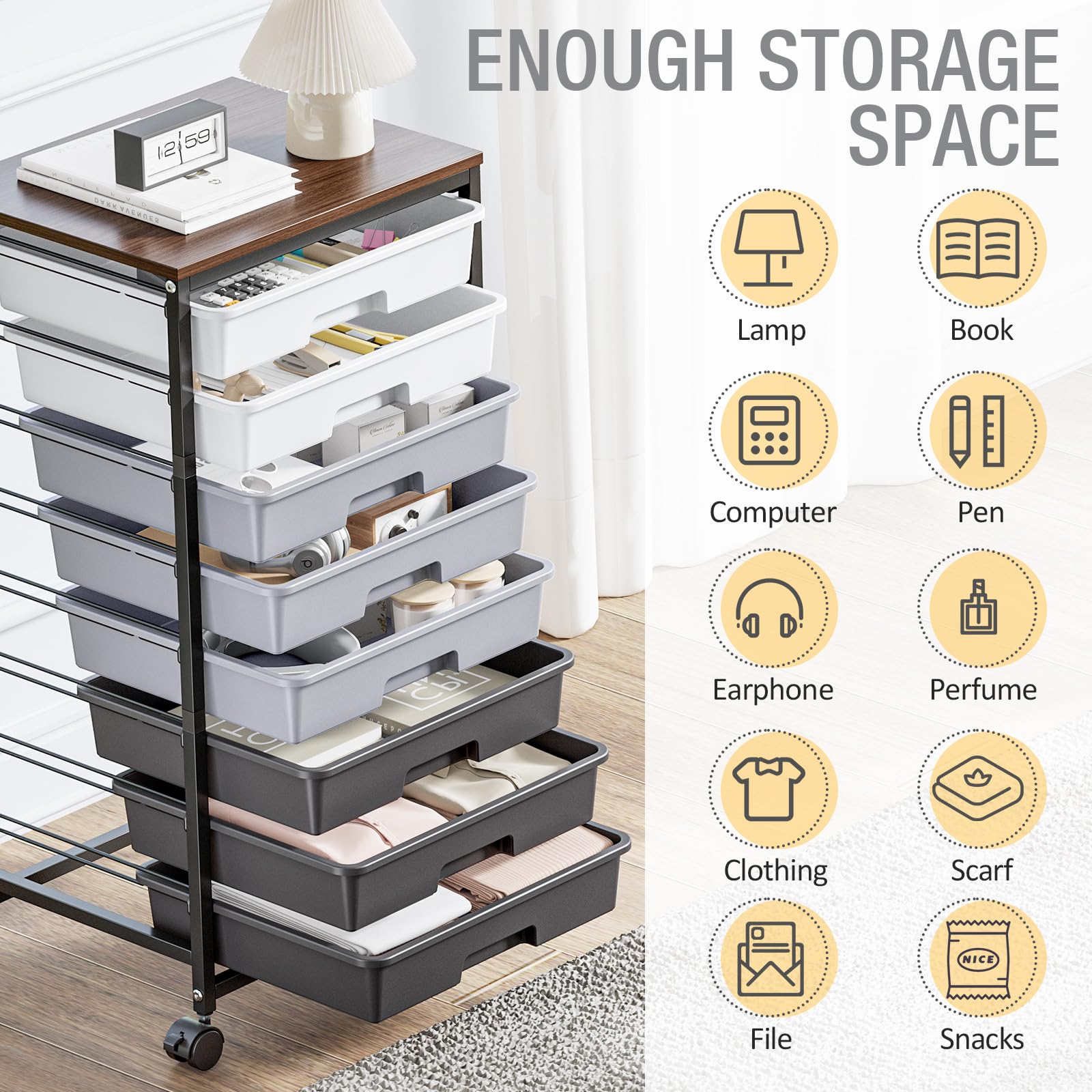 8-Drawer Rolling Storage Cart with Wooden Top - Mobile Organizer for Office, Classroom & Craft Storage