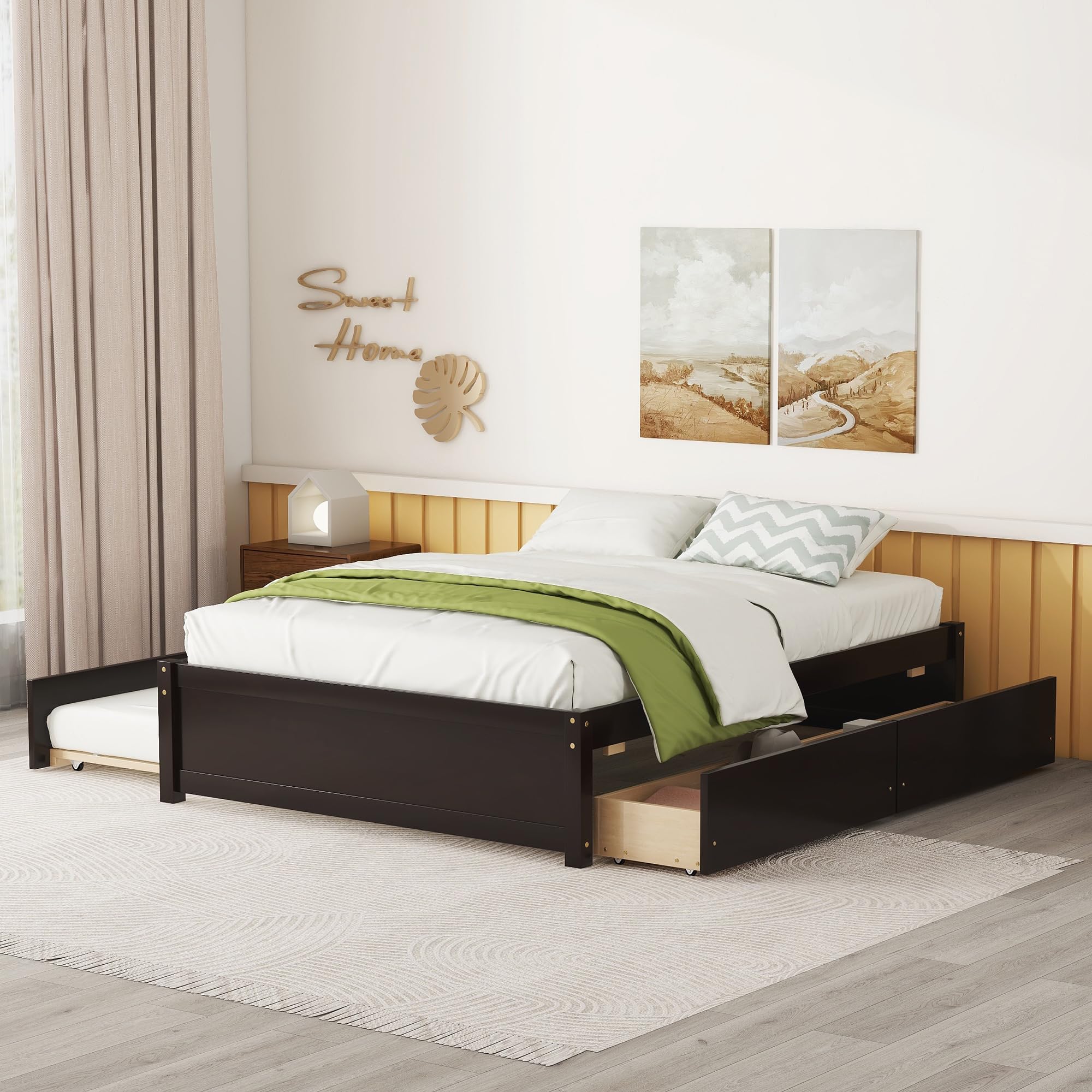 HomSof Full Bed with Twin Trundle & 2 Drawers - Convertible to 2 Platform Beds, Espresso Finish, 79.52