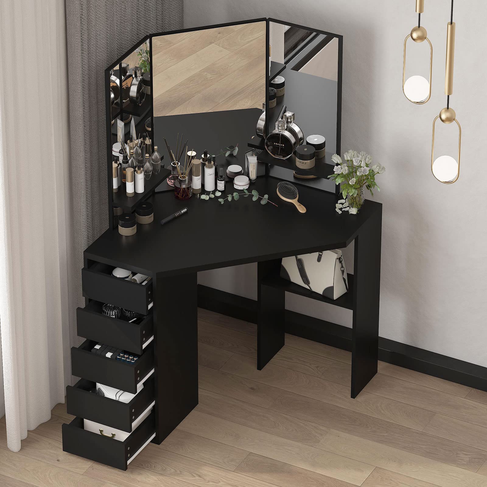 Black Vanity Makeup Table with 3-Fold Mirror & 5 Drawers - Elegant Dressing Desk for Bedroom, Girls & Women | Perfect for Makeup Organization, Jewelry Storage & Small Space Corner Decor