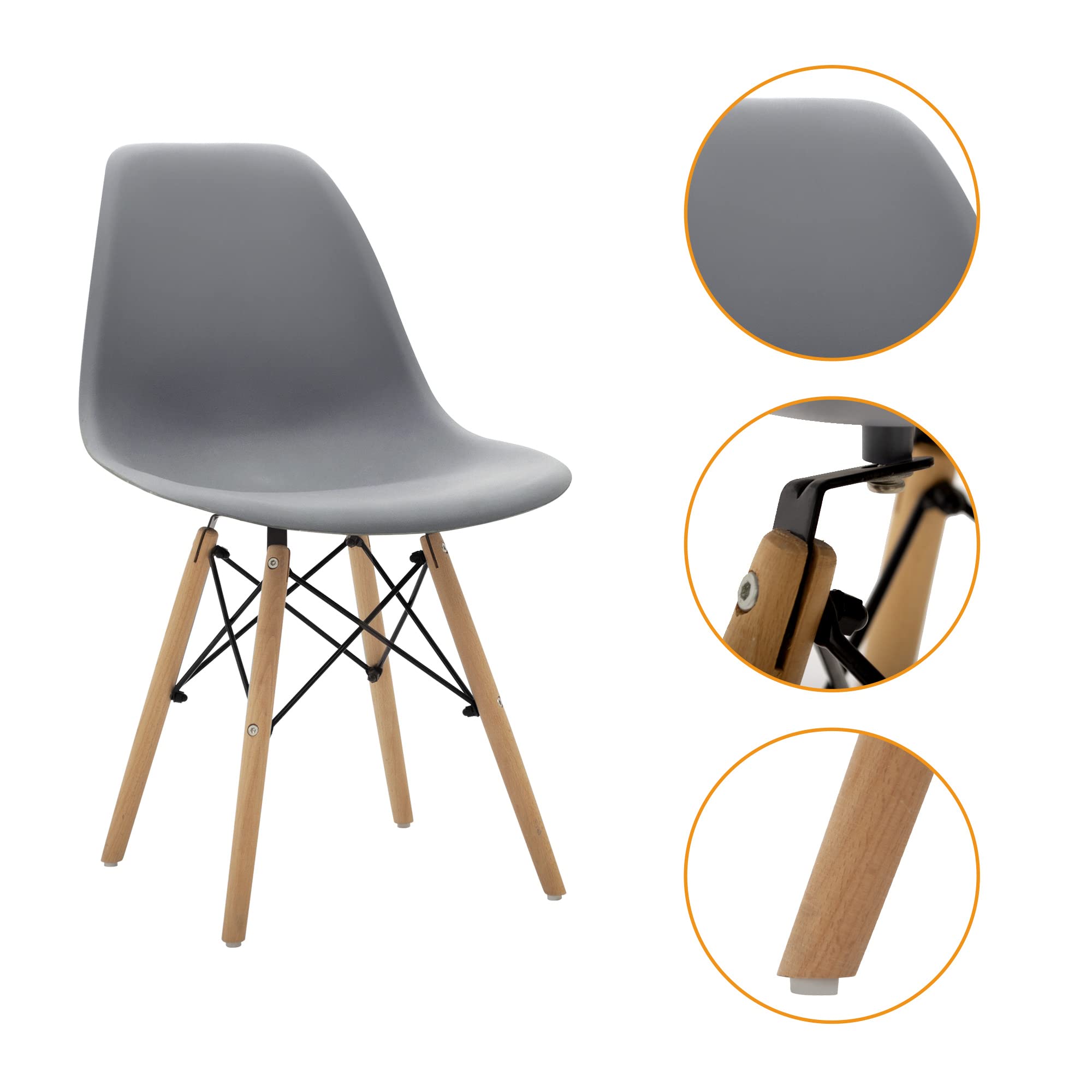 Mid-Century Modern Shell Lounge Chairs with Natural Wooden Legs - Set of 2, Gray - Perfect for Kitchen, Dining Room, Bedroom or Living Room Accent Seating