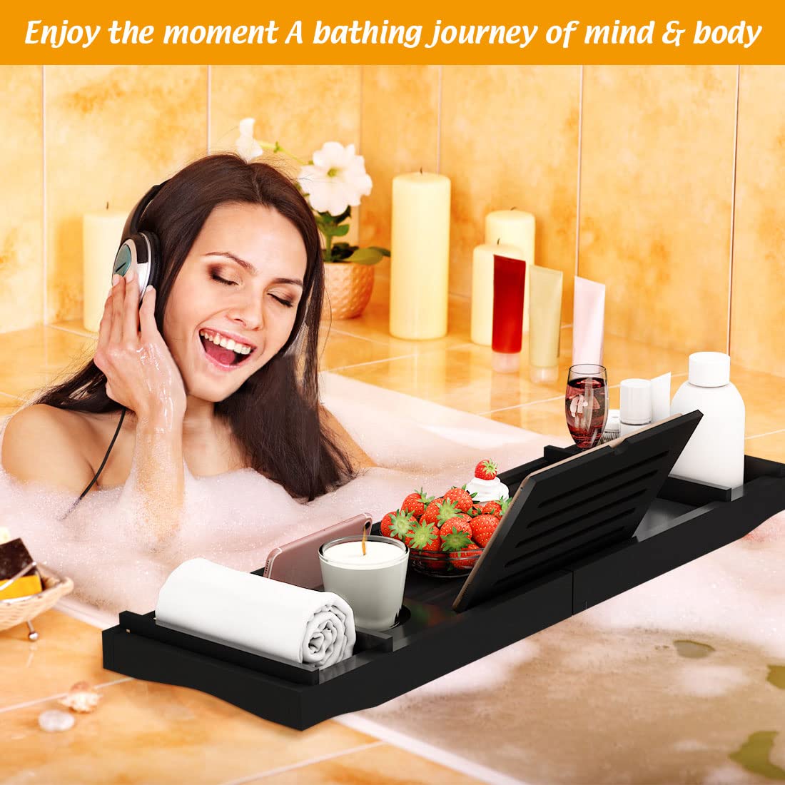 Premium Expandable Bamboo Bathtub Tray with Wine Glass Holder & Book Stand - Adjustable 29.5