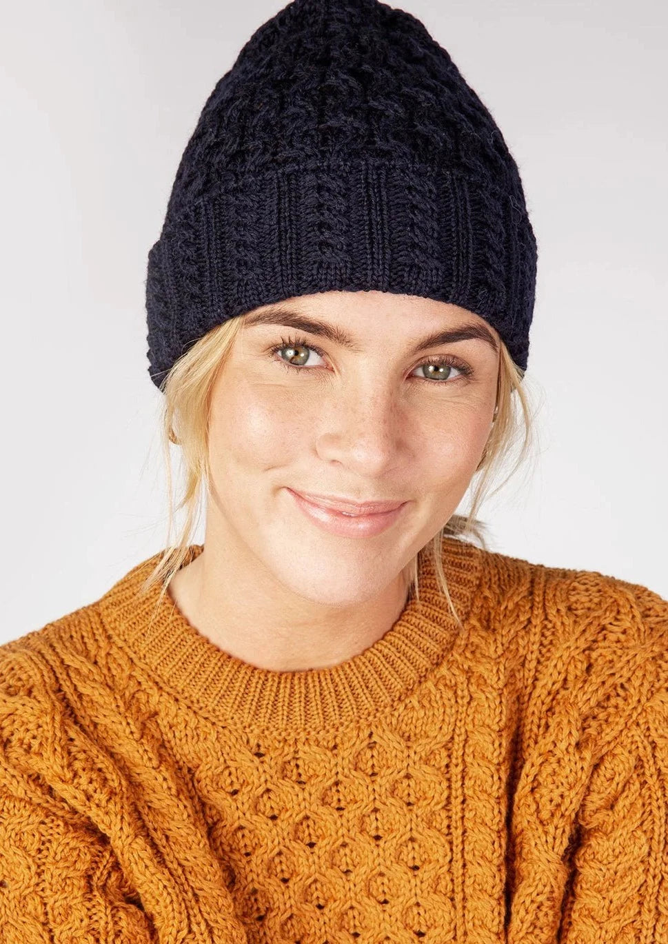 Authentic Ireland's Eye Aran Knit Hat in Navy Blue - Warm Wool Beanie for Winter Outdoor Activities, Hiking & Travel