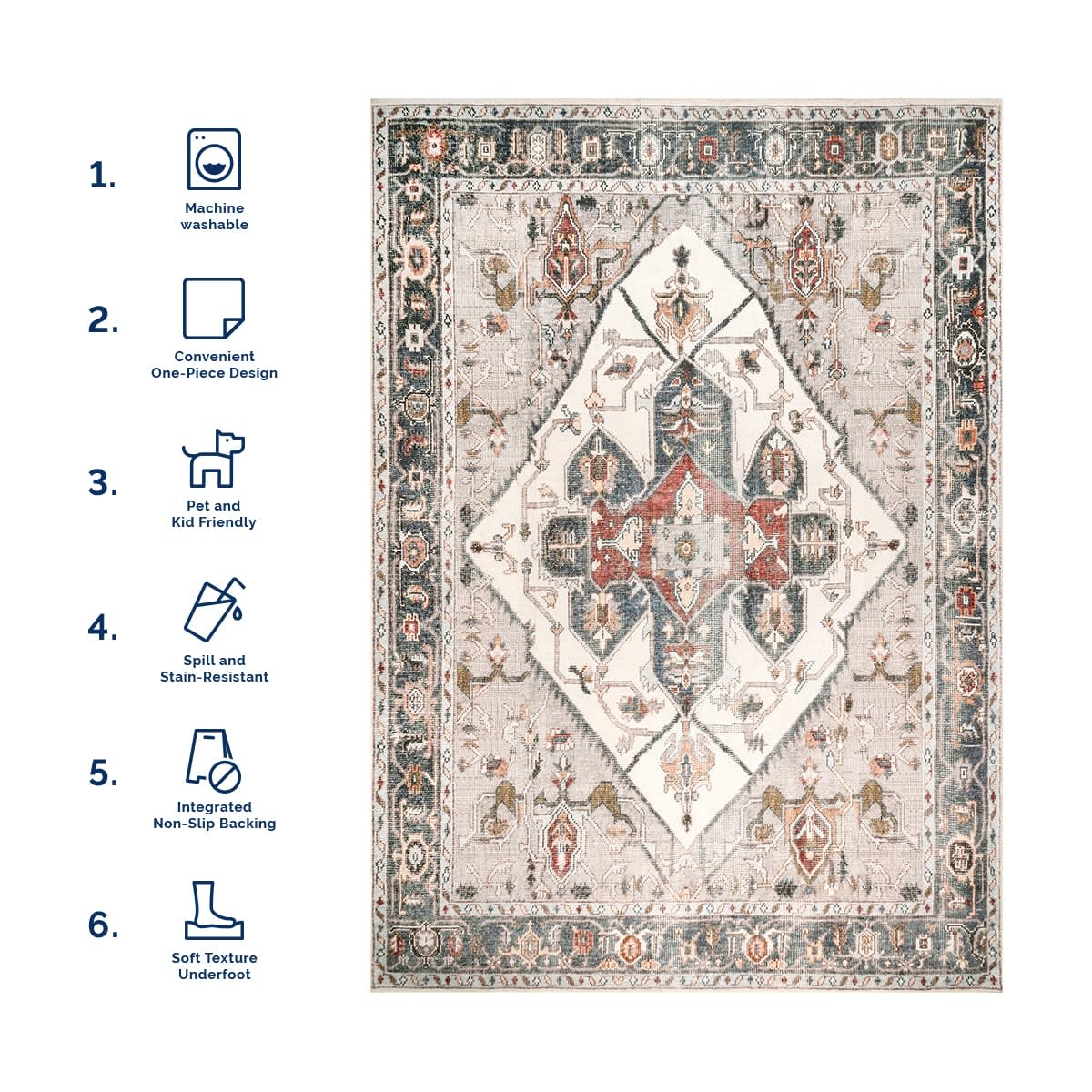 Crystalline Medallion Washable Rug - Soft & Durable Beige Area Rug for Living Room, Bedroom, or Office | Easy to Clean & Stain Resistant