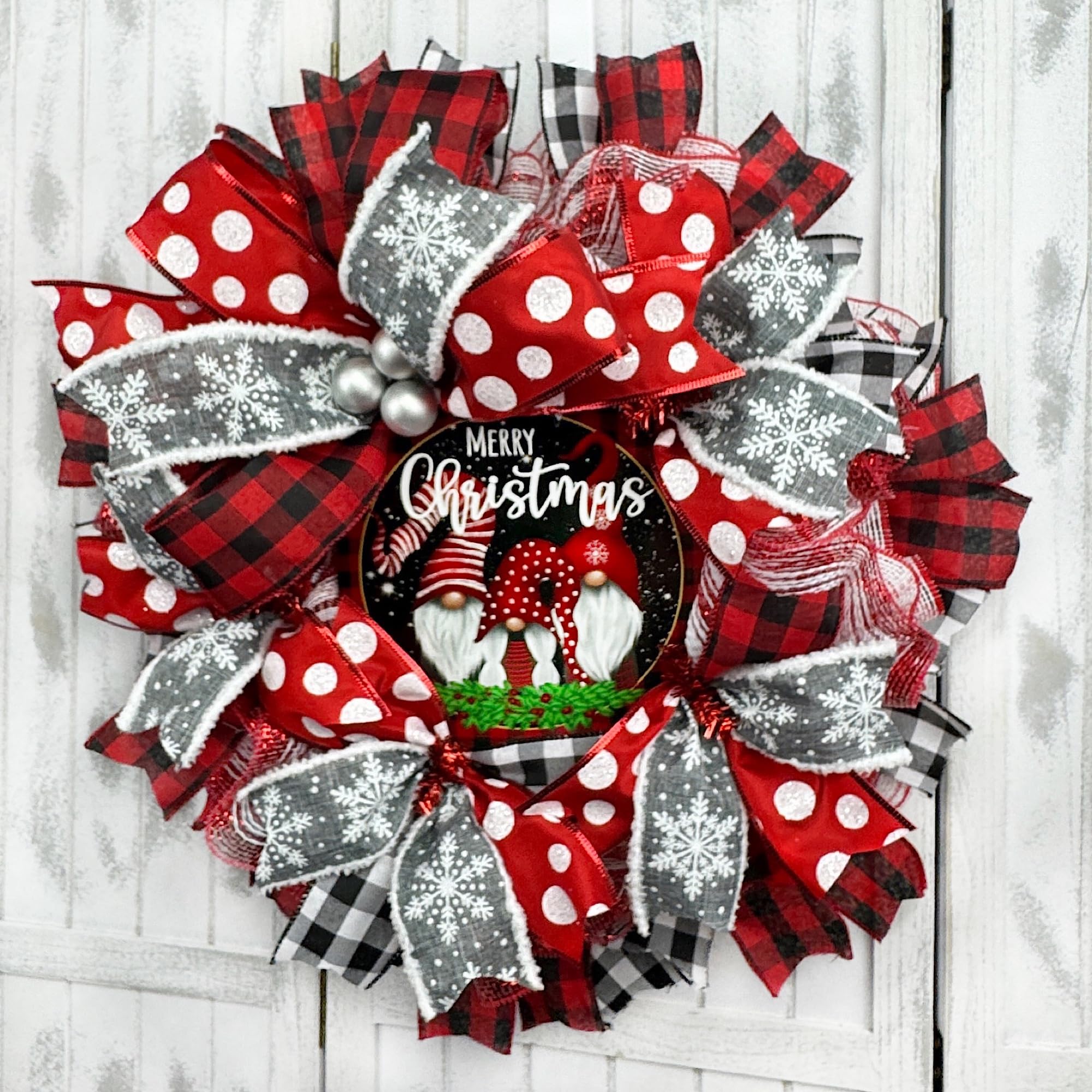 Handmade Buffalo Plaid Christmas Gnome Wreath with Ribbon - Festive Front Door Decor for Holiday Season, Perfect for Home, Office & Gift Giving