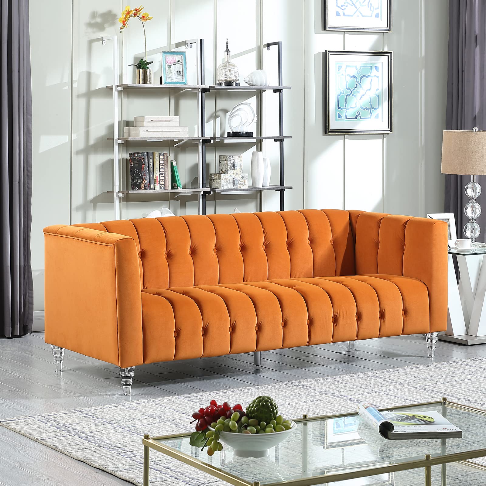 GYZAD Mid Century Modern Chesterfield Velvet Sofa - Tufted Cushions 3-Seater Couch with Square Arms & Transparent Legs | Classic Chanel Style Convertible Sofa Bed for Living Room, Office & Apartment (Orange) | Perfect for Small Spaces, Home Theater & Guest Rooms