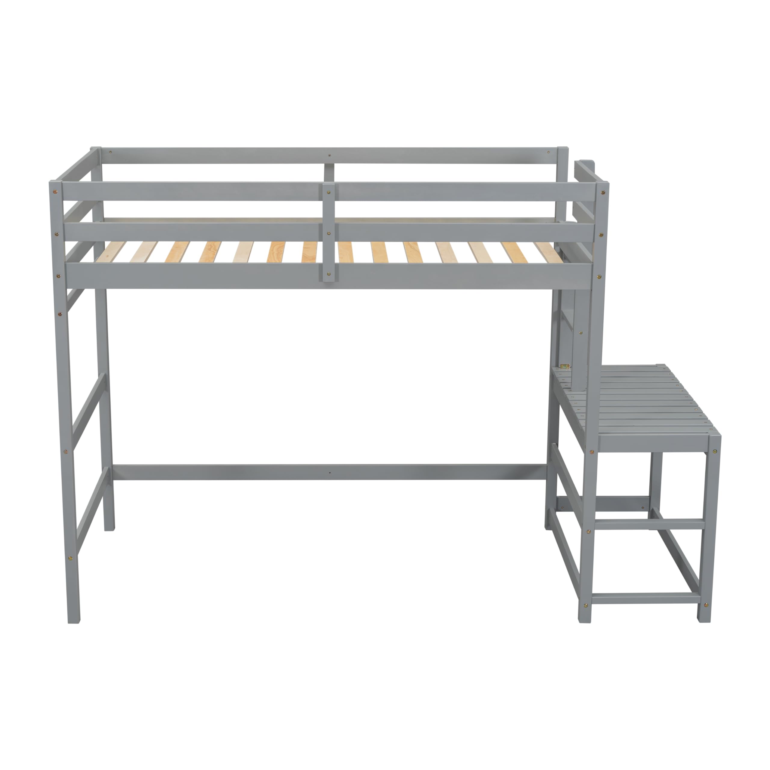 **Twin Size Wooden Loft Bed with Ladder, Guardrails & Landing Platform – Space-Saving High Loft Bed with Slats Support & Under-Bed Storage – No Box Spring Needed (Gray) – Perfect for Kids, Teens & Small Bedrooms**