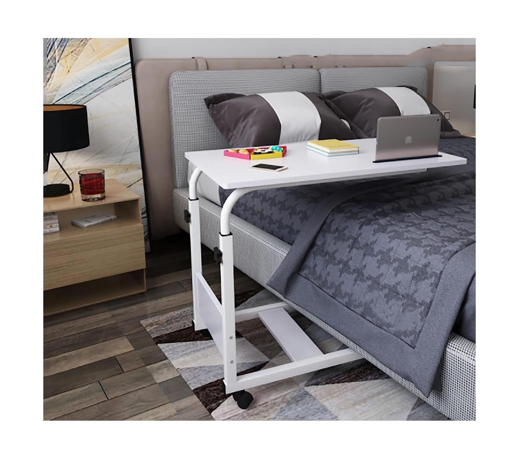 Adjustable Overbed Table with Wheels - Portable Laptop Desk & Mobile Standing Workstation, Steel Frame Side Table for Bed, Sofa, or Office Use - Perfect for Working, Eating, or Reading in Bed