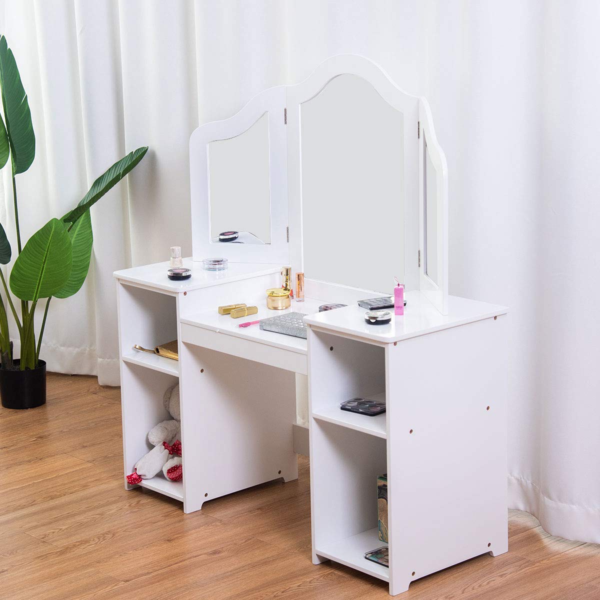 **White Kids Vanity Table with 4 Storage Shelves & 2 Folding Mirrors - 2-in-1 Makeup Dressing Table for Girls, Perfect for Bedroom Playroom & Birthday Gifts**