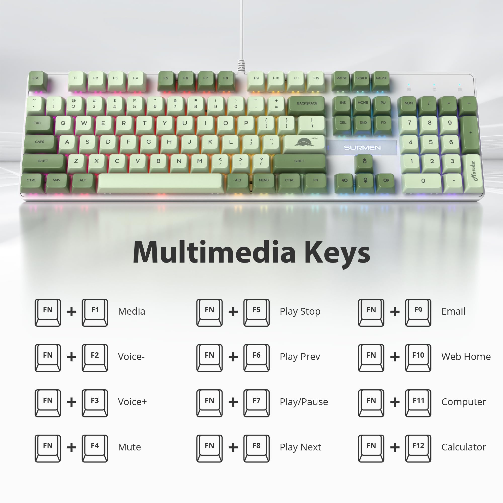 Fogruaden Full Size Mechanical Gaming Keyboard - 104 Keys RGB Backlit with Number Pad, Red Switches, NKRO (Green Matcha Color) for Windows PC & Laptop Gamers | Perfect for Office Work, Gaming, and Typing
