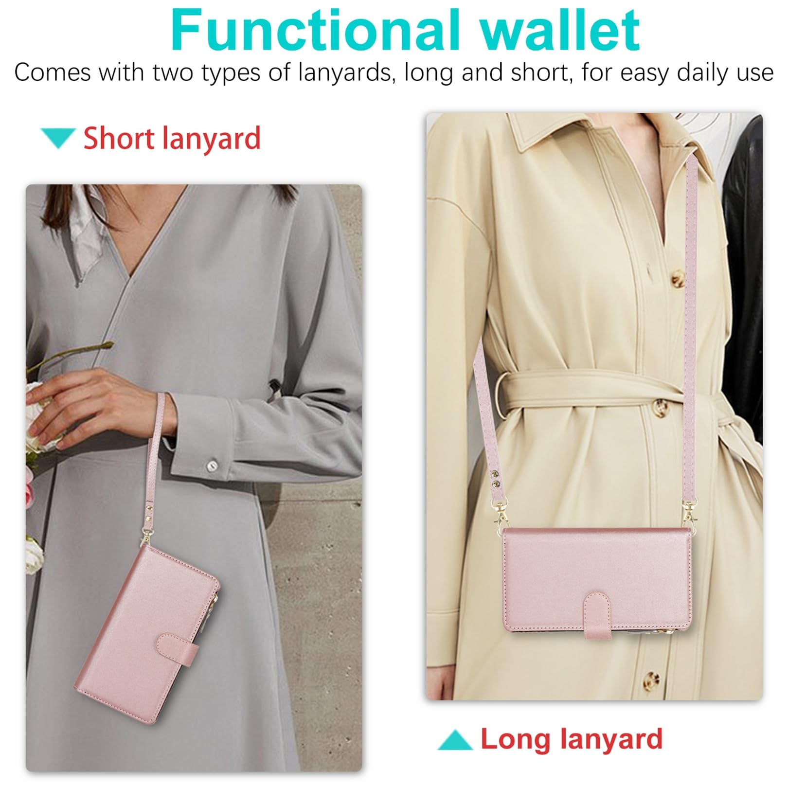 Jaorty iPhone 16 Pro 5G Wallet Case with Card Holder & Zipper Pocket - PU Leather Crossbody Phone Case with Strap for Women (6.3