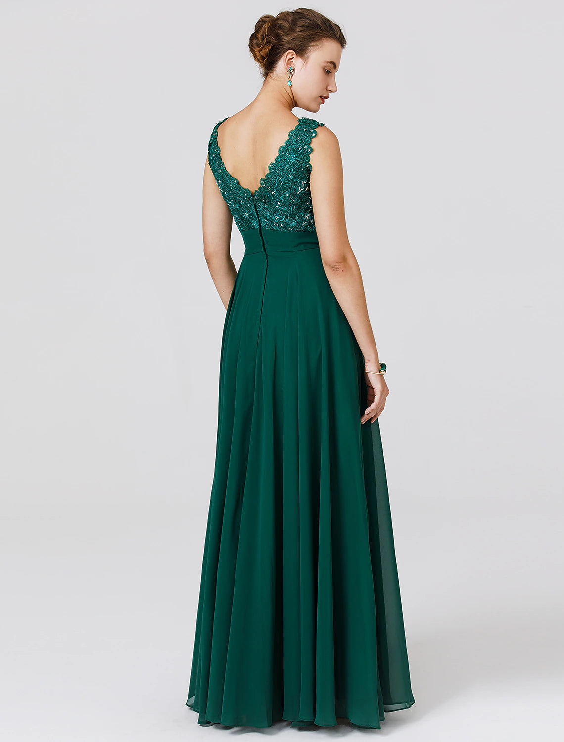 Elegant A-Line Chiffon Wedding Guest Dress - Floor Length, Sleeveless V-Neck with V-Back, Beaded Sash Ribbon | Perfect for Formal Events, Bridal Showers, and Evening Parties