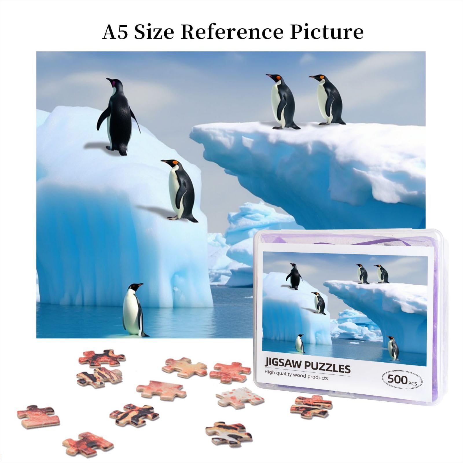 500-Piece Wooden Jigsaw Puzzle - Penguins on Iceberg Photo Puzzle for Adults, Personalized Picture Puzzle, Family Game Night, Wedding, Birthday & Valentine's Day Gift (20.4