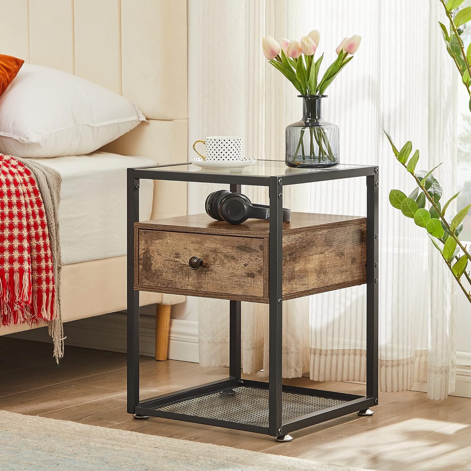 VECELO Set of 2 Nightstands with Glass Top, Drawer and Shelf - Modern End Tables for Bedroom, Living Room, Lounge - Brown Wooden Side Tables (Perfect for Small Spaces, Apartment Furniture & Home Decor)