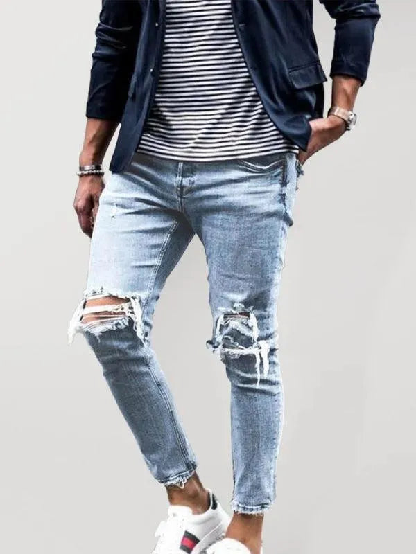 Men's Distressed Pencil Jeans - Slim Fit Ripped Denim Pants for Casual Wear & Street Style Outfits