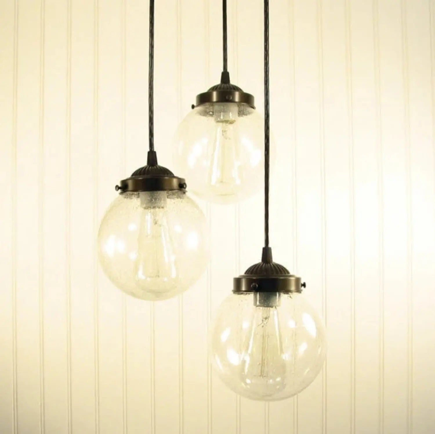 Elegant Seeded Glass Chandelier Light Pendant Trio Set - Vintage Style Hanging Fixture for Dining Room, Living Room & Bedroom Lighting