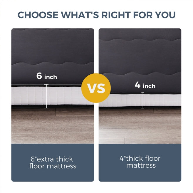 MAXYOYO 6-Inch Extra Thick Floor Futon Mattress - Wave Quilted Design, Black - Perfect for Guest Beds, Dorm Rooms & Small Apartments
