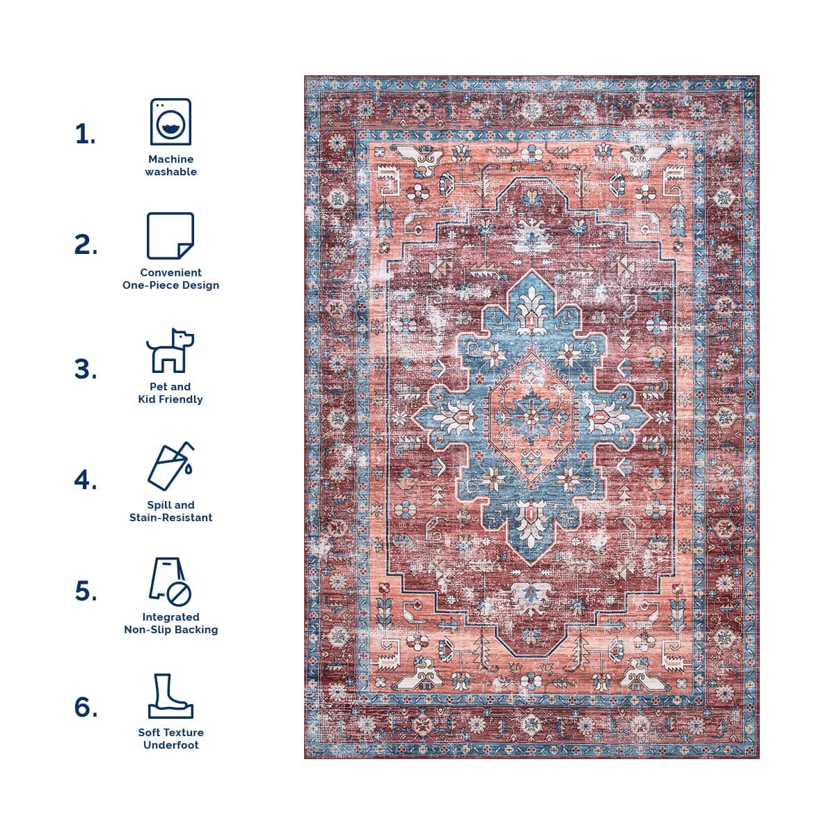Castle Medallion Washable Rug in Rust - Stylish and Durable Floor Covering for Living Room, Bedroom, or Entryway