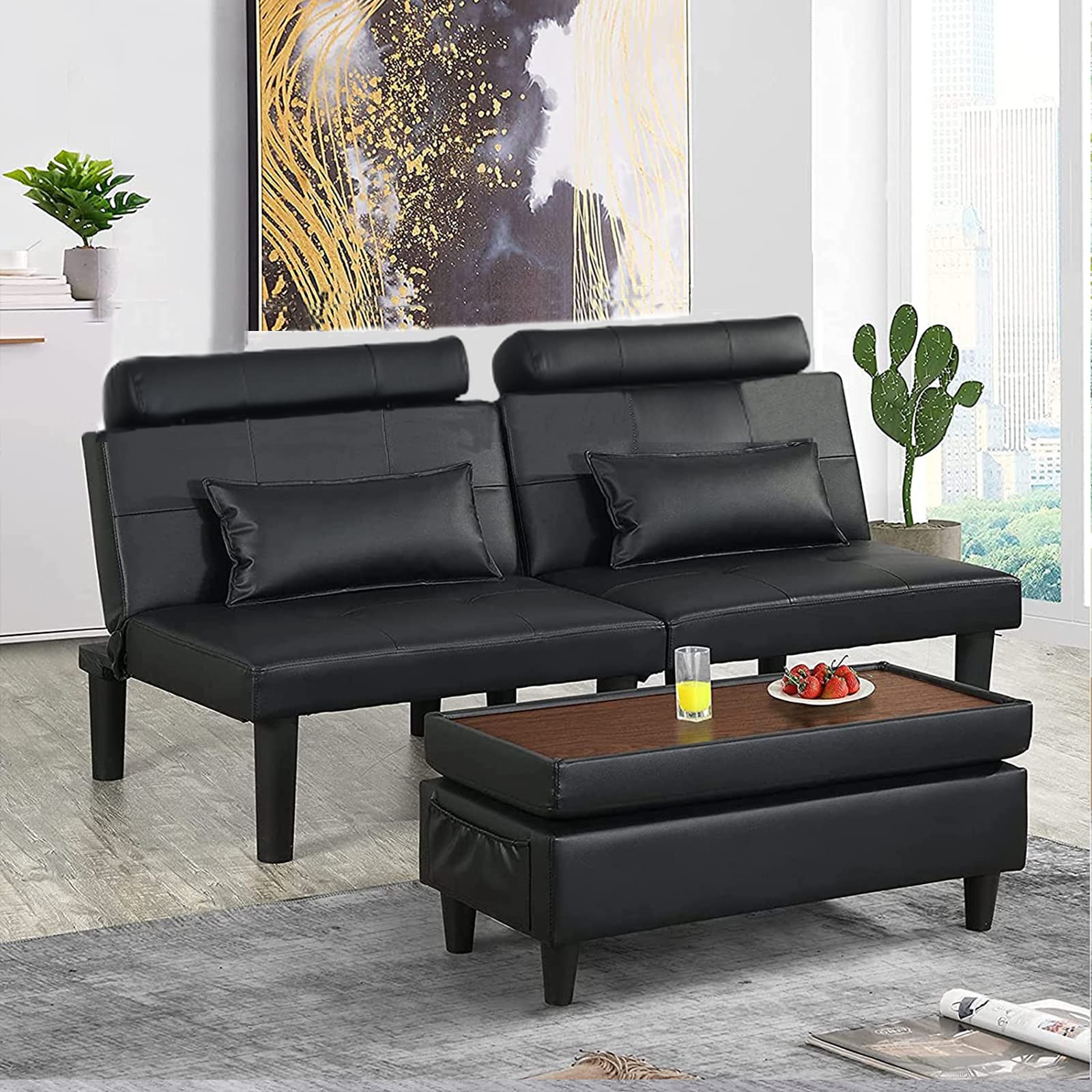 BINGTOO Convertible Leather Futon Sofa Bed with Storage Ottoman & 2 Lumbar Pillows - Small Black Sleeper Couch for Living Room, Guest Room & Small Spaces