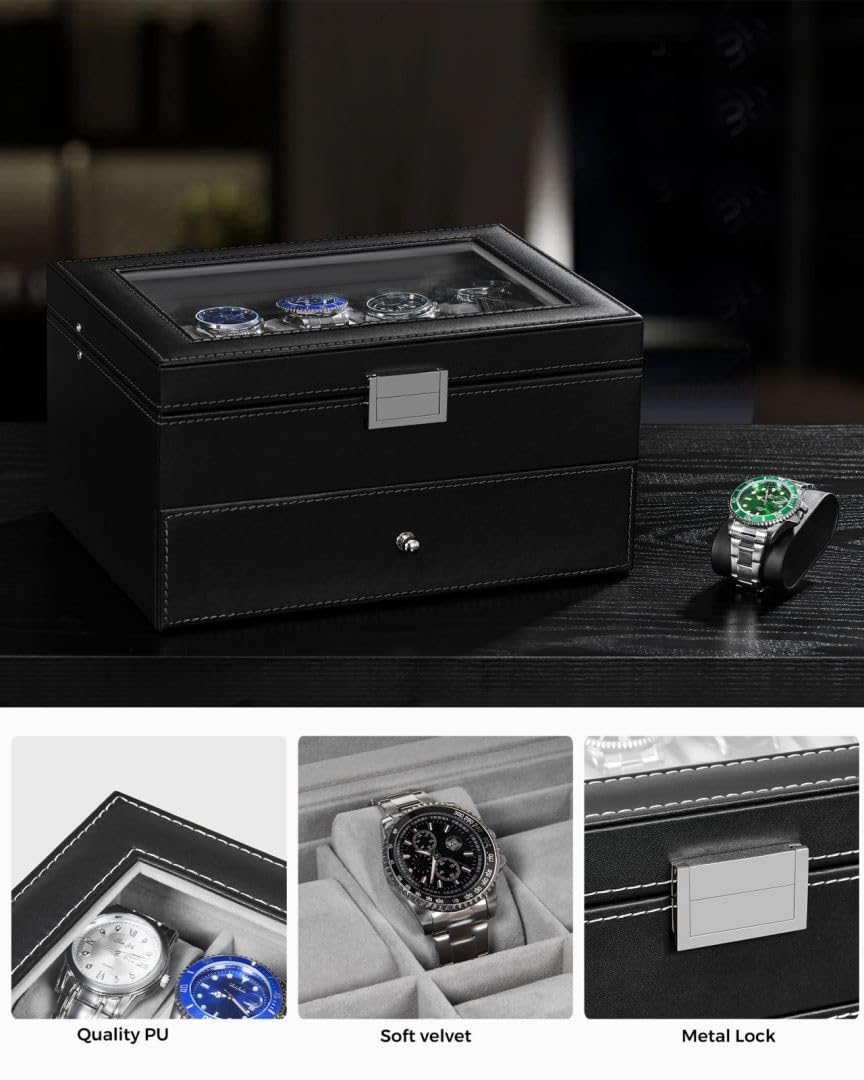 BEWISHOME 20-Slot Watch Box Organizer for Men - Black PU Leather Display Case with Metal Hinge & Glass Top - Large Watch Storage Holder SSH04B - Perfect for Watch Collections, Gifts, and Travel Accessories