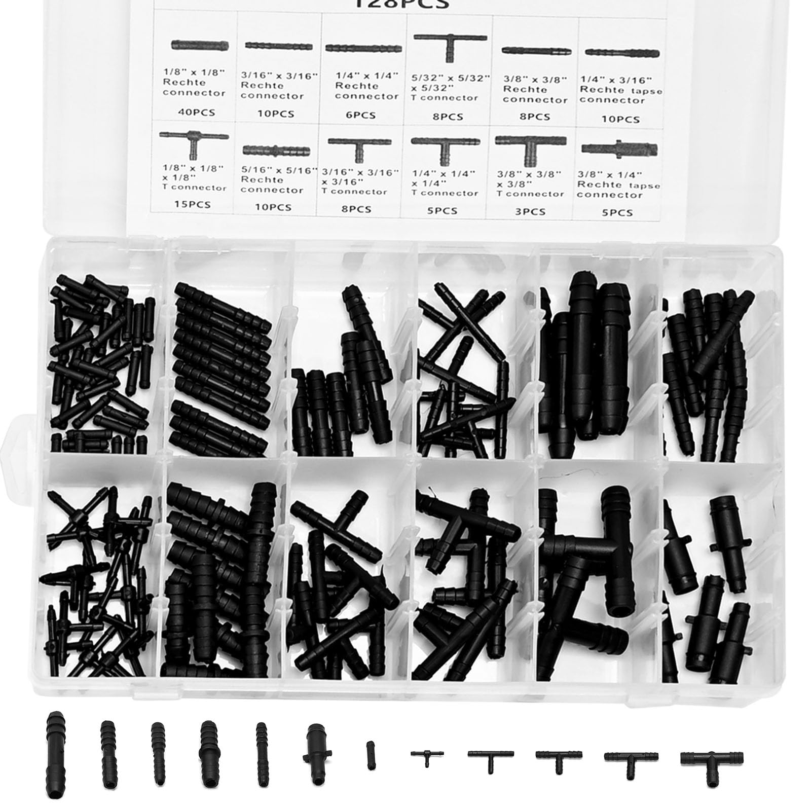 113-Piece Vacuum Fittings Assortment Kit - Black Nylon Vacuum Connectors with Heat Resistance up to 460°F (240°C) - Includes 12 Sizes of Tee Connectors for HVAC, Automotive & Industrial Applications