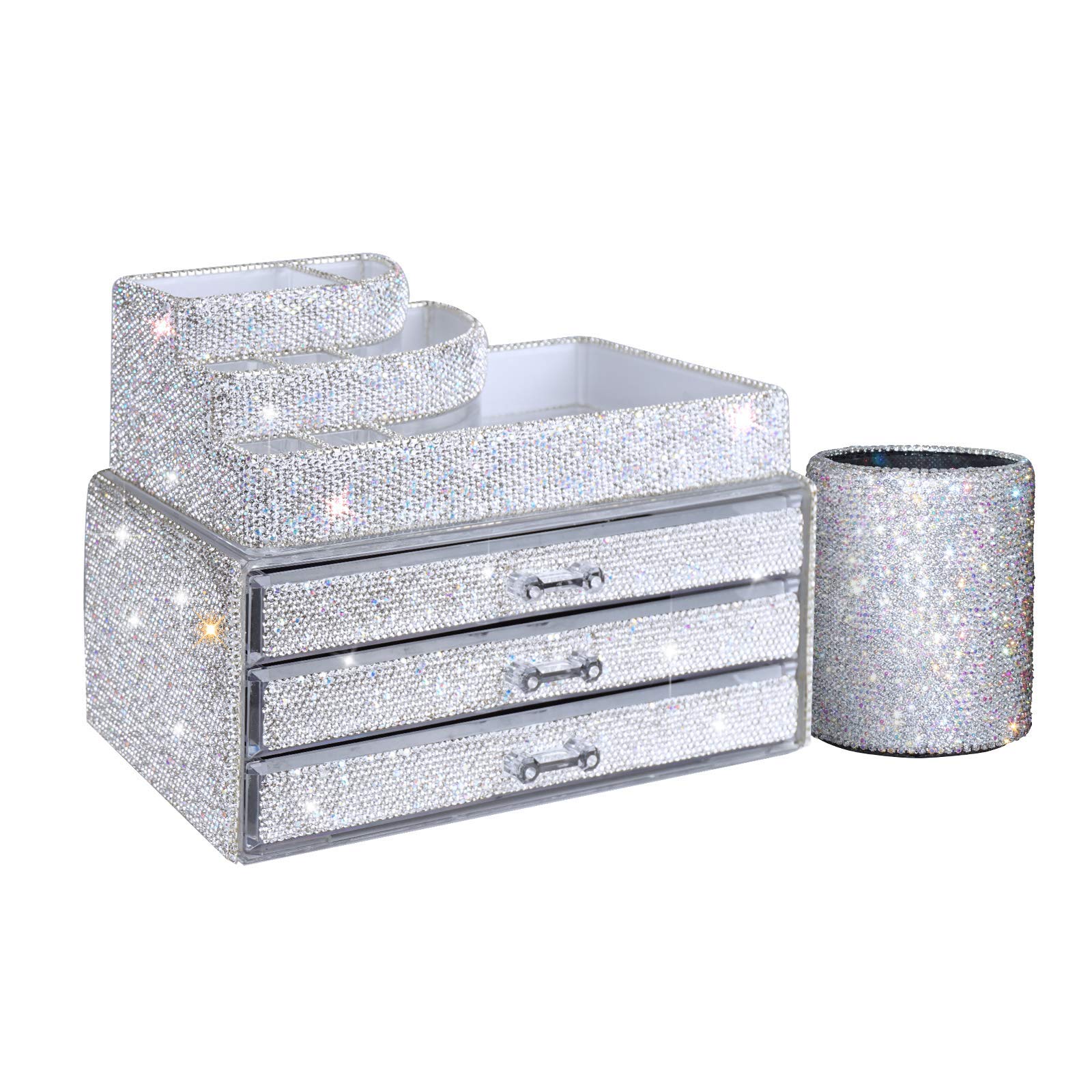Crystal Pencil Holder & Makeup Organizer - Multi-Purpose Storage Box for Pens, Jewelry, Cosmetics | Perfect for Office, Vanity & Drawer Organization