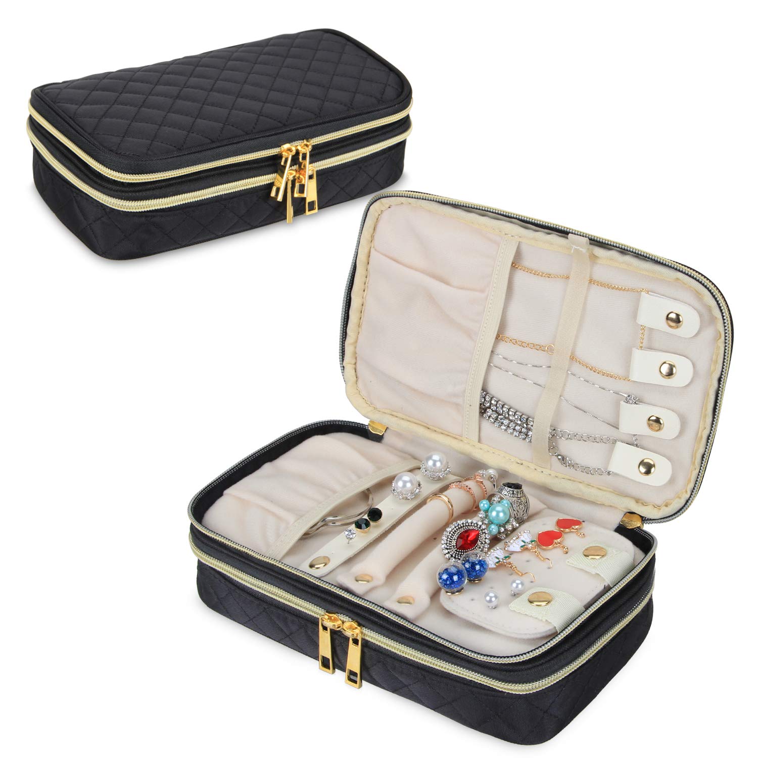 Teamoy Double Layer Jewelry Organizer - Quilted Travel Jewelry Case for Rings, Necklaces, Earrings & Bracelets | Compact Jewelry Storage Bag | Perfect for Travel, Home Organization & Gift Giving (Black)