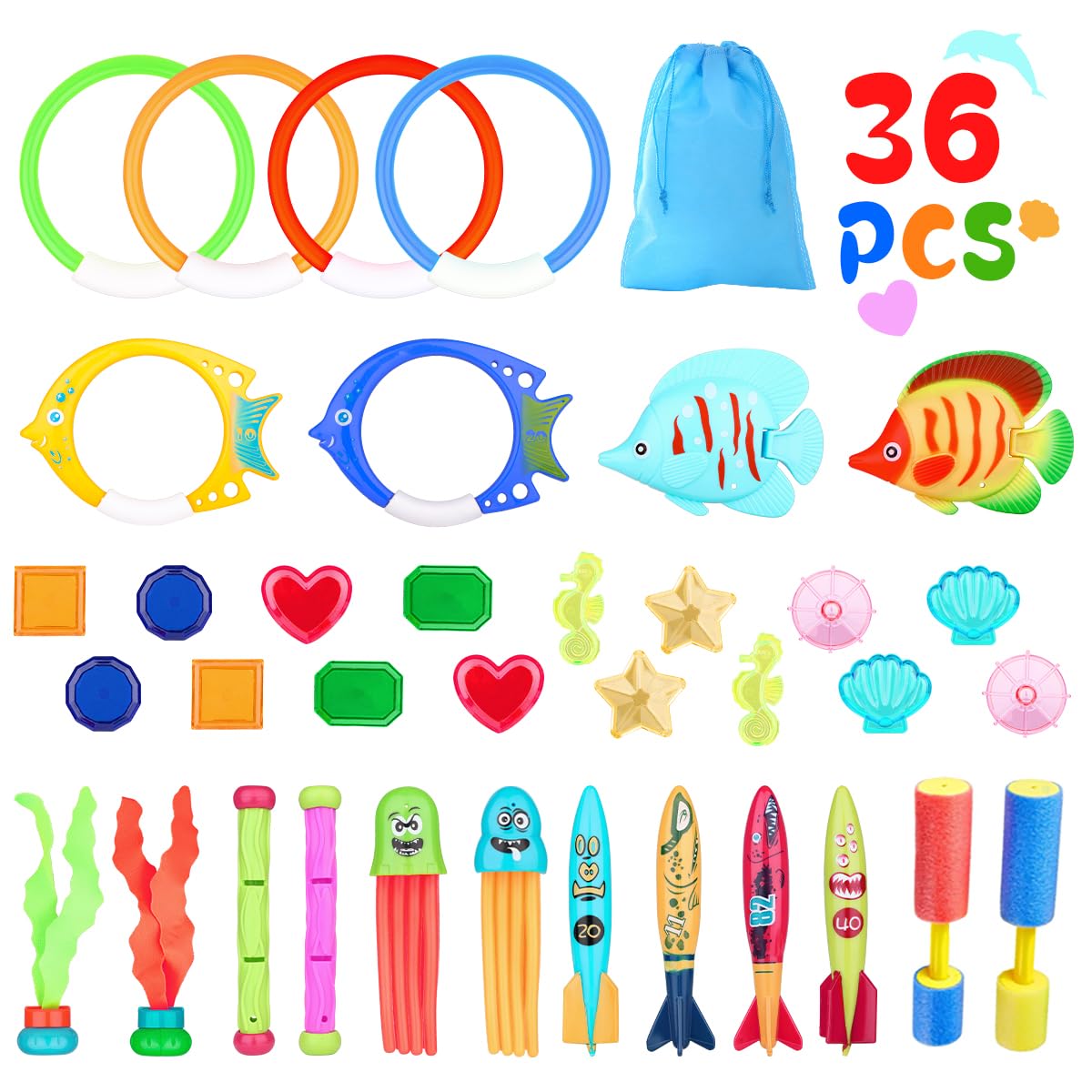 36Pcs Pool Toys for Kids Ages 3-12 - Underwater Diving Set with Torpedoes, Seaweed, Diamonds & Rings - Fun Summer Swim Pool Games for Boys and Girls - Perfect for Backyard Pools, Beach Parties & Swimming Lessons