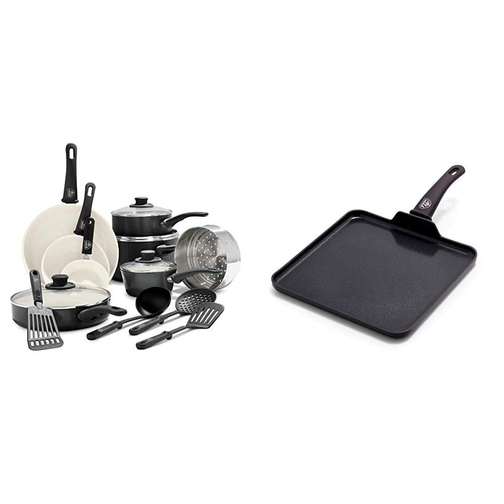 GreenLife Soft Grip Healthy Ceramic Nonstick Cookware Set - 16-Piece Black Kitchen Pots & Pans with Diamond Coating & 11