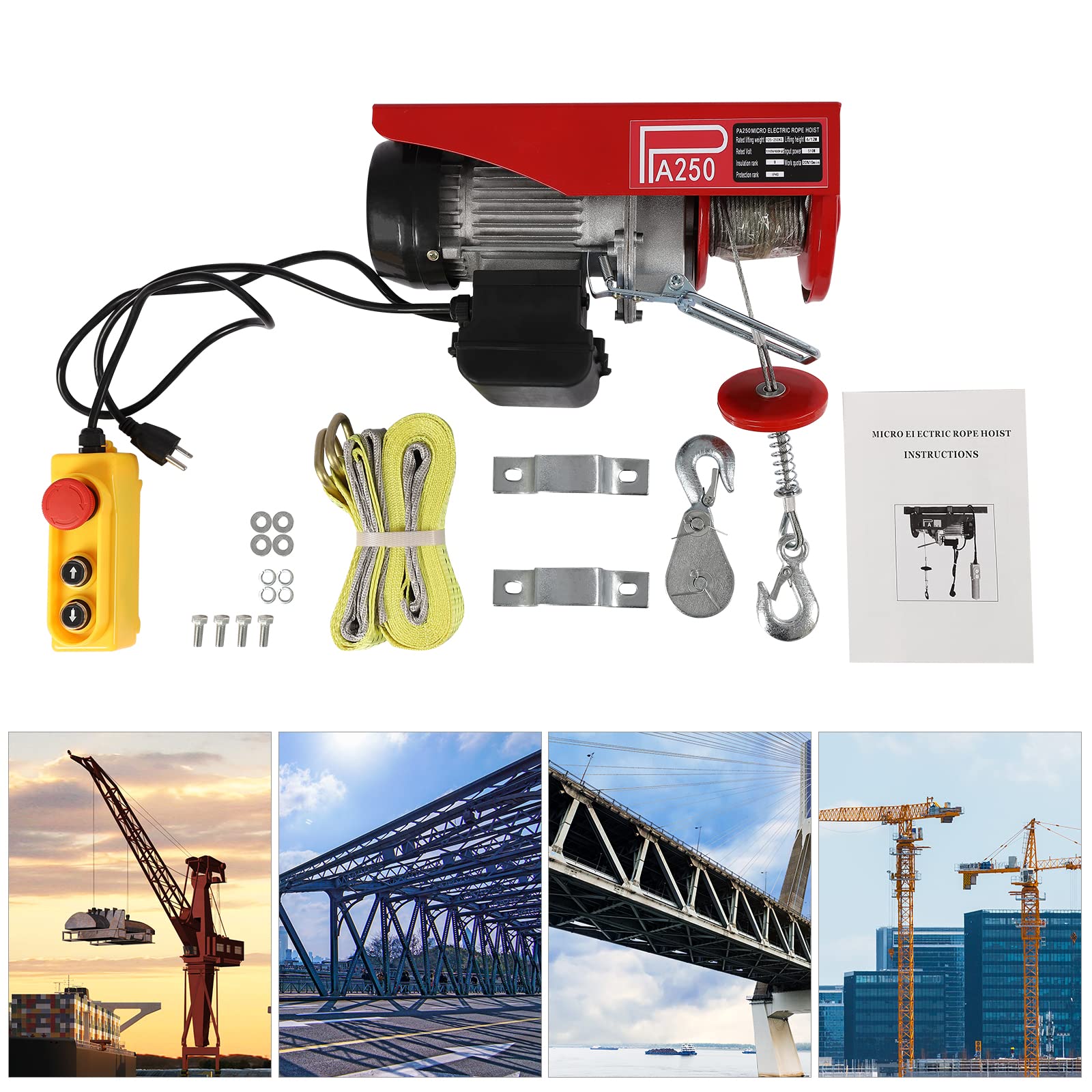 551lbs Electric Hoist 110V - Heavy Duty Electric Winch with Wired Remote Control & Single/Double Slings - Garage Lift Hoist for Factories, Warehouses, Construction Sites - Perfect for Lifting Equipment, Building Materials, and Vehicle Maintenance