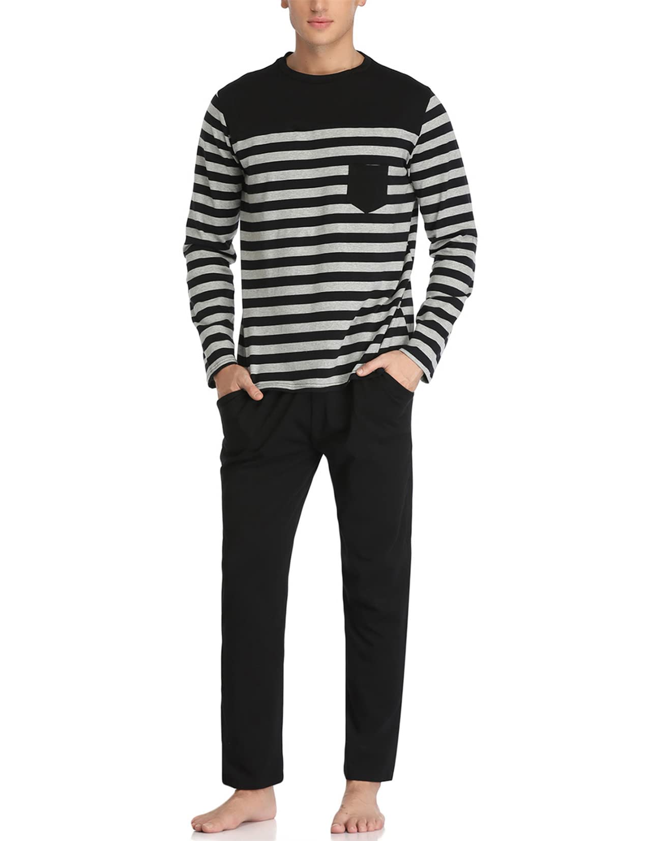 Men's Cotton Pajama Set - Long Sleeve Sleepwear & Lounge Pants with Pockets | Soft 2-Piece PJS for Comfortable Nightwear, Home Relaxation & Gift Giving