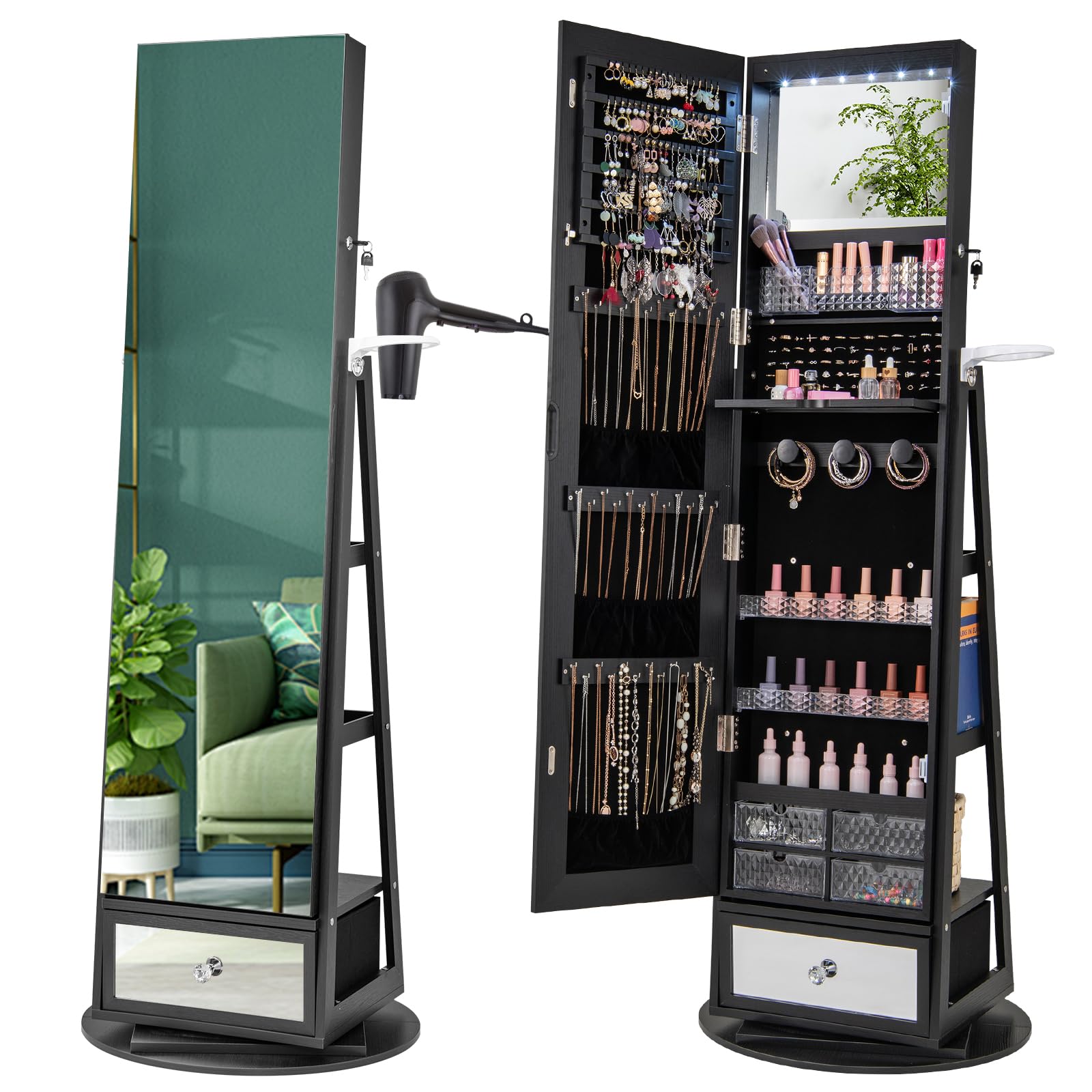 CHARMAID 360° Swivel Jewelry Cabinet Armoire with Full Length Mirror - 64.5