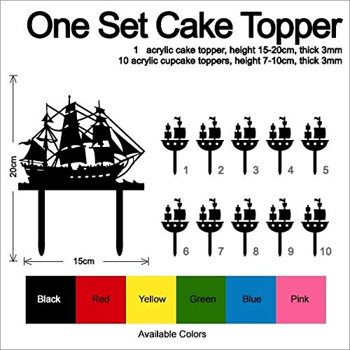 Pirate Ship Cake Topper Set - 11pcs Acrylic Cupcake Toppers for Wedding, Birthday & Party Decorations | Perfect for Nautical Theme Celebrations, Baby Showers and Special Events